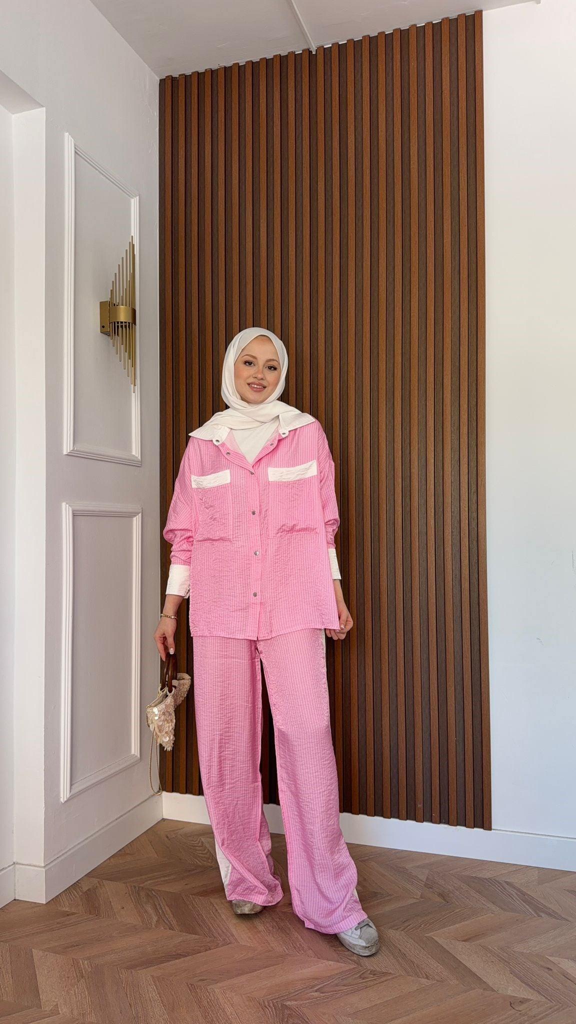 MEYSADESIGN PANTOLON TAKIM Çizgili Modal Spor Takım Pudra