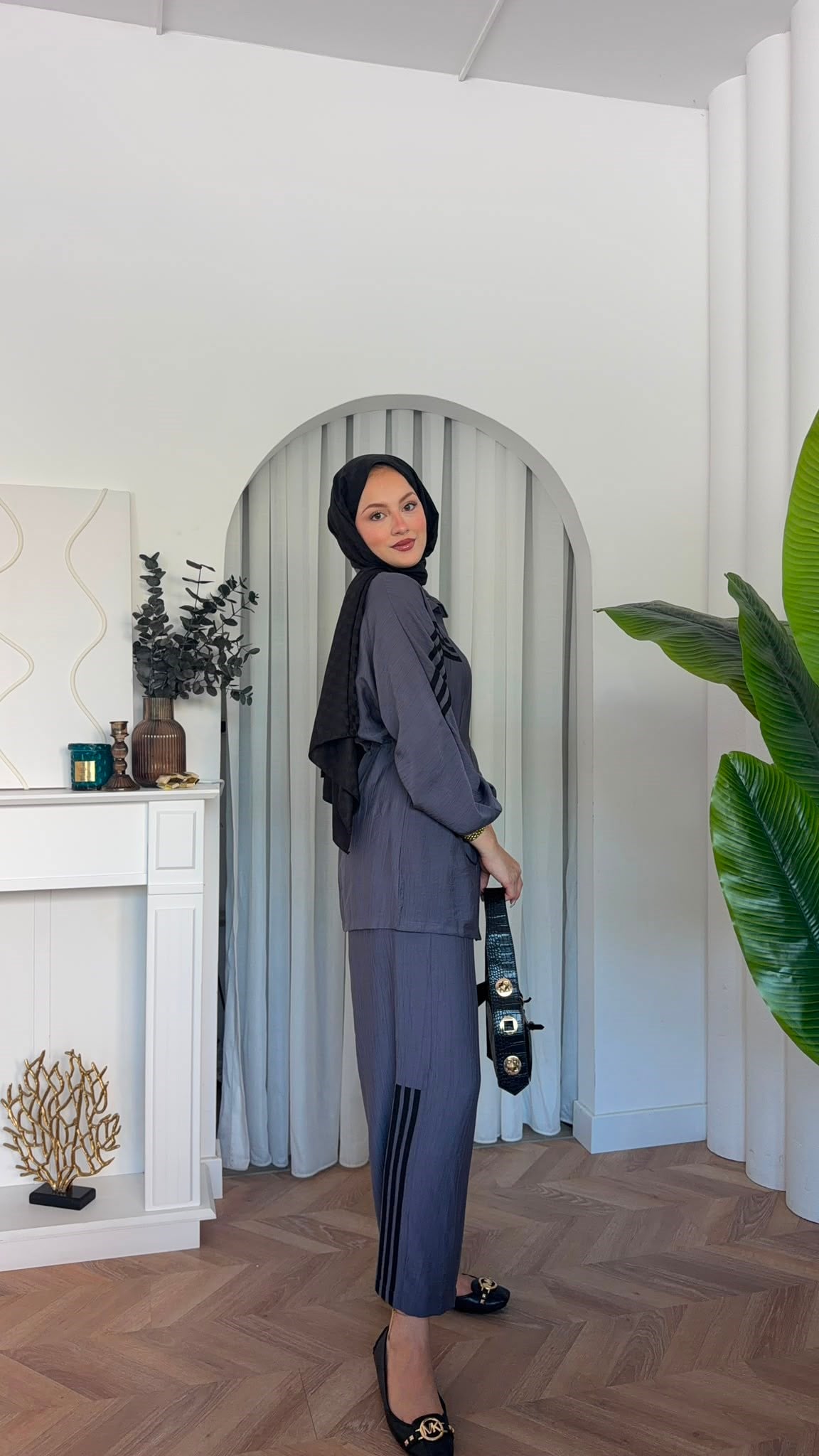 MEYSADESIGN PANTOLON TAKIM Çizgili Sport İkili Takım Gri