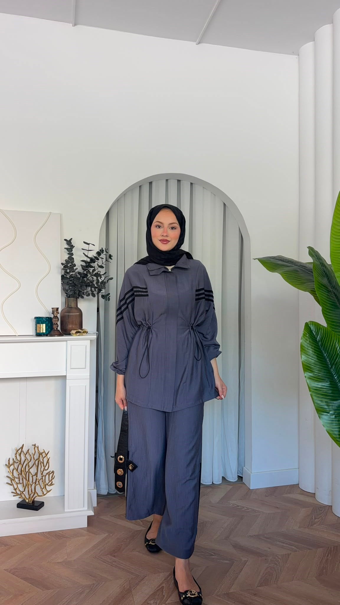 MEYSADESIGN PANTOLON TAKIM Çizgili Sport İkili Takım Gri