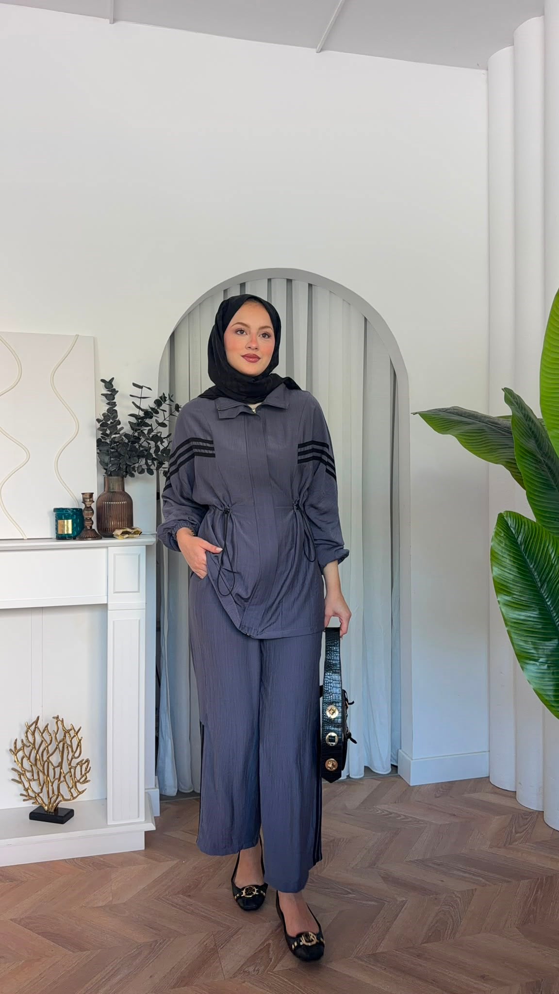 MEYSADESIGN PANTOLON TAKIM Çizgili Sport İkili Takım Gri