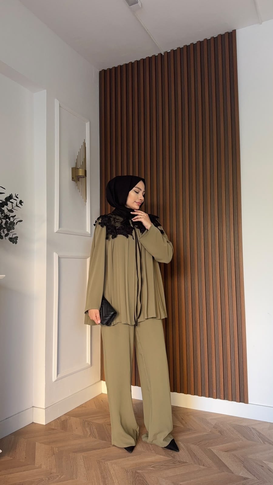 MEYSADESIGN PANTOLON TAKIM Dantel Yakalı Pileli İkili Takım Haki