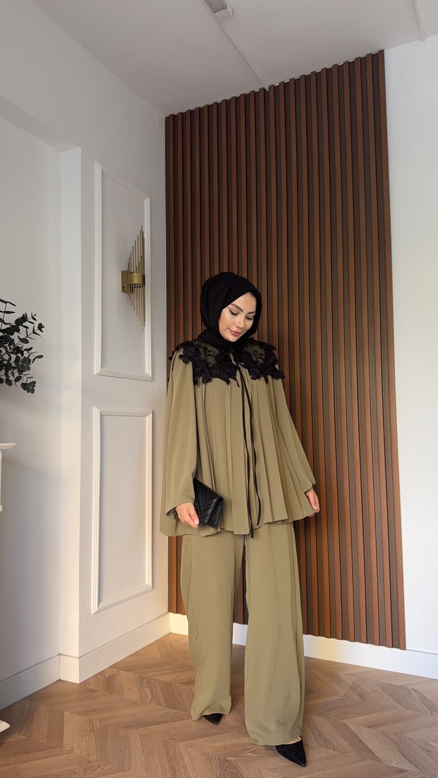 MEYSADESIGN PANTOLON TAKIM Dantel Yakalı Pileli İkili Takım Haki