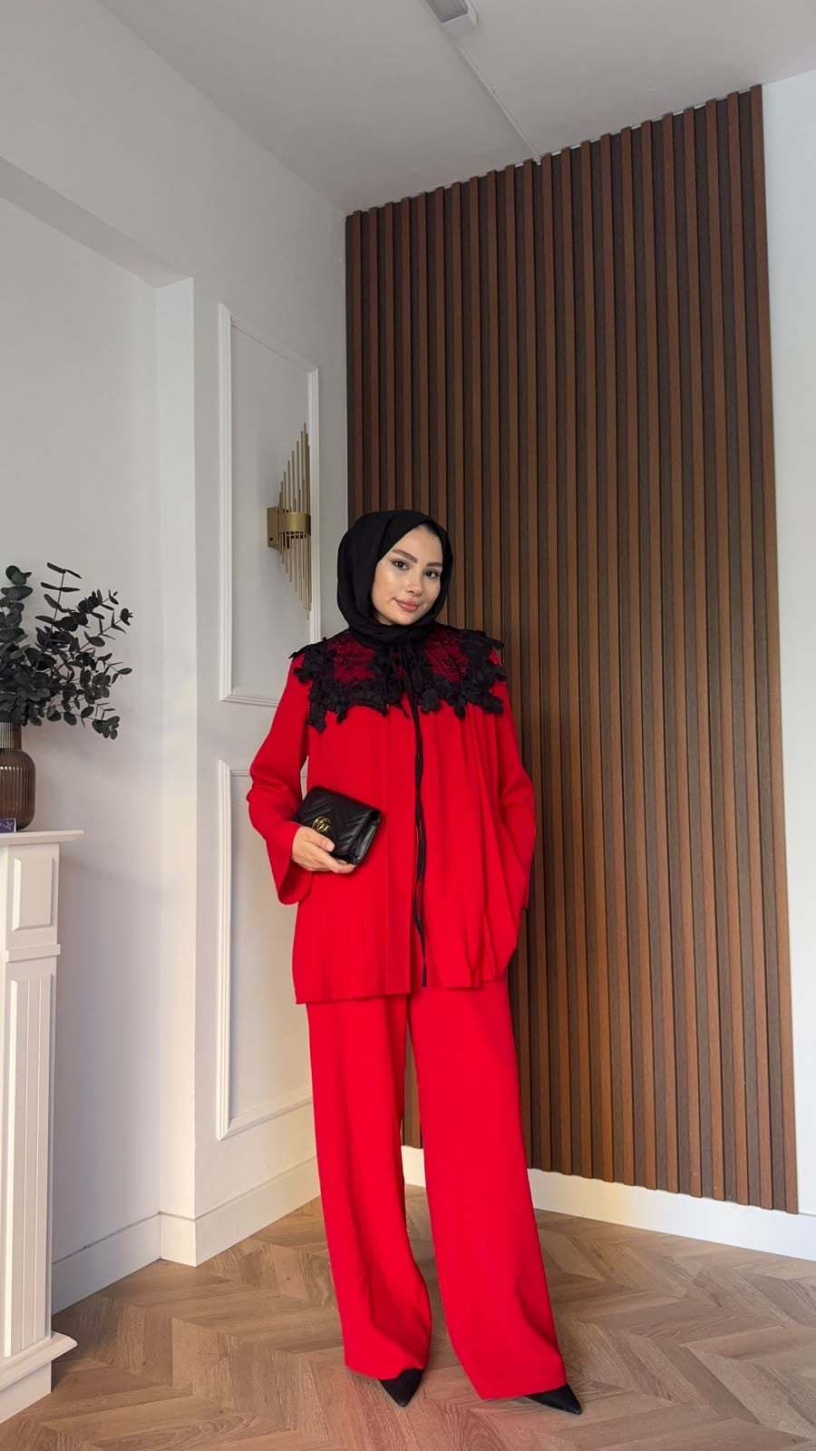 MEYSADESIGN PANTOLON TAKIM Dantel Yakalı Pileli İkili Takım Kırmızı