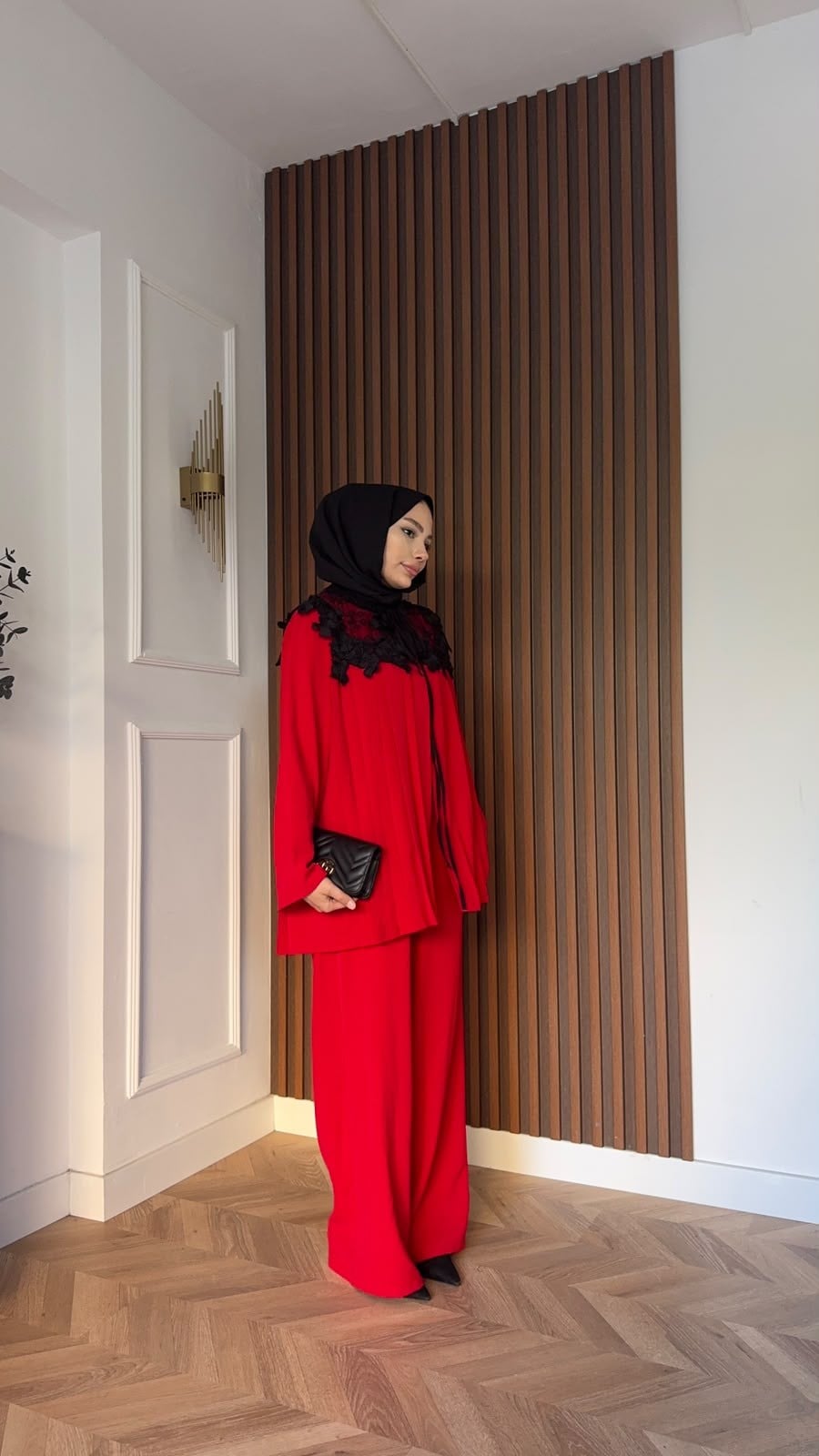 MEYSADESIGN PANTOLON TAKIM Dantel Yakalı Pileli İkili Takım Kırmızı