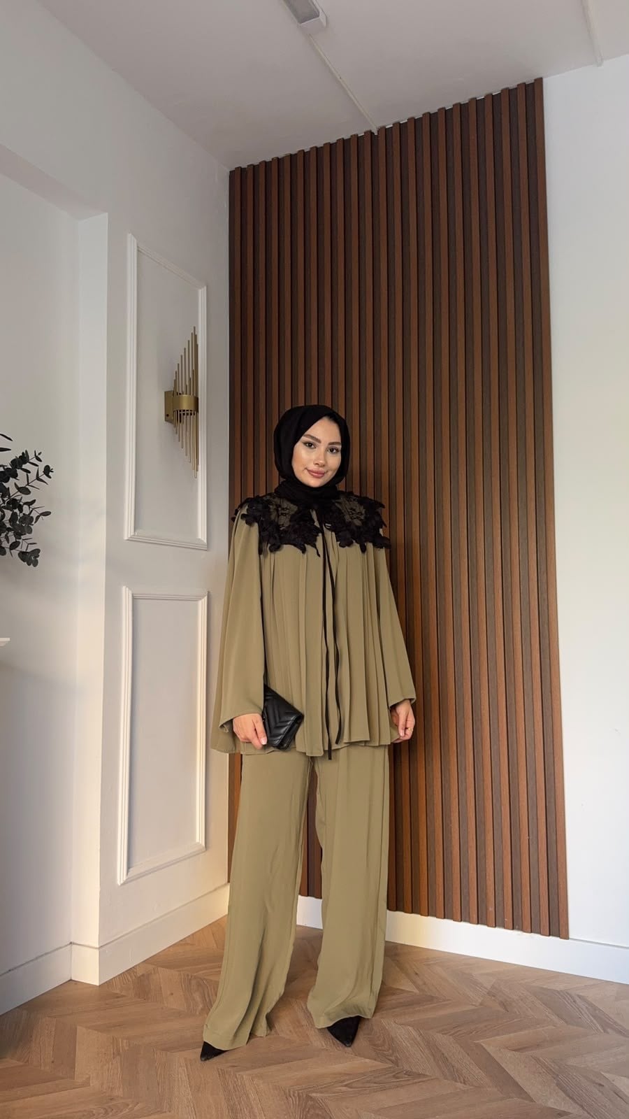 MEYSADESIGN PANTOLON TAKIM Dantel Yakalı Pileli İkili Takım Haki
