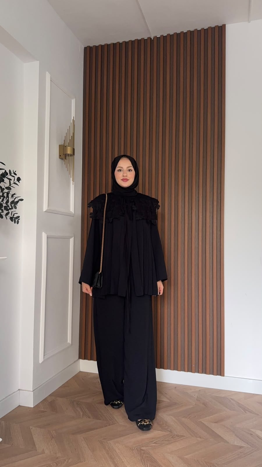 MEYSADESIGN PANTOLON TAKIM Dantel Yakalı Pileli İkili Takım Siyah