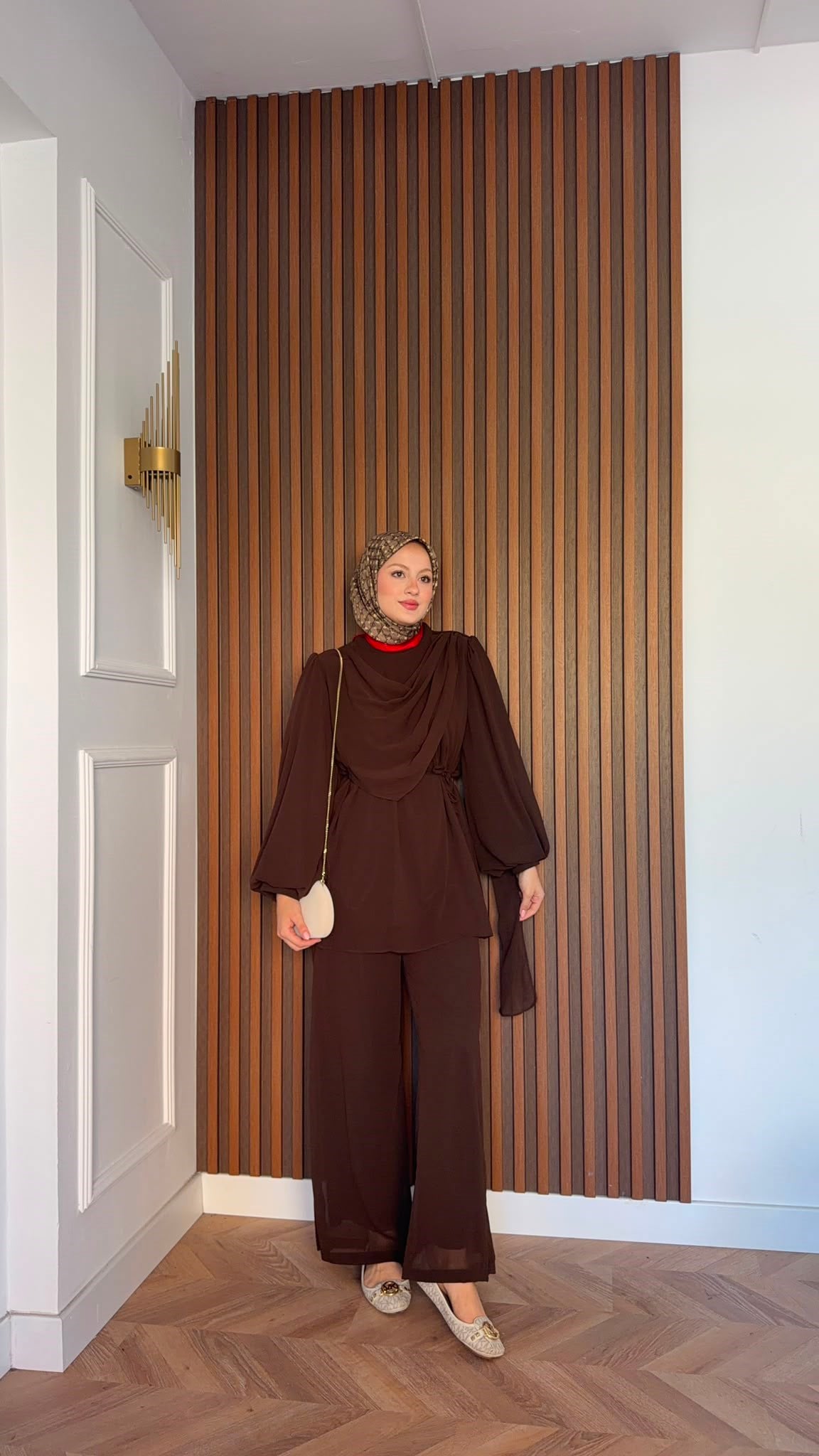 MEYSADESIGN PANTOLON TAKIM Drape Detaylı Şifon Takım Acı Kahve
