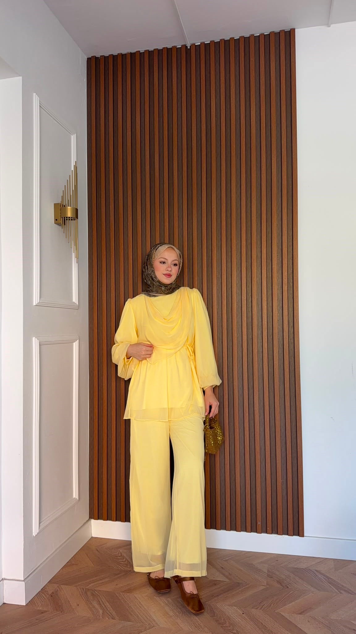 MEYSADESIGN PANTOLON TAKIM Drape Detaylı Şifon Takım Sarı