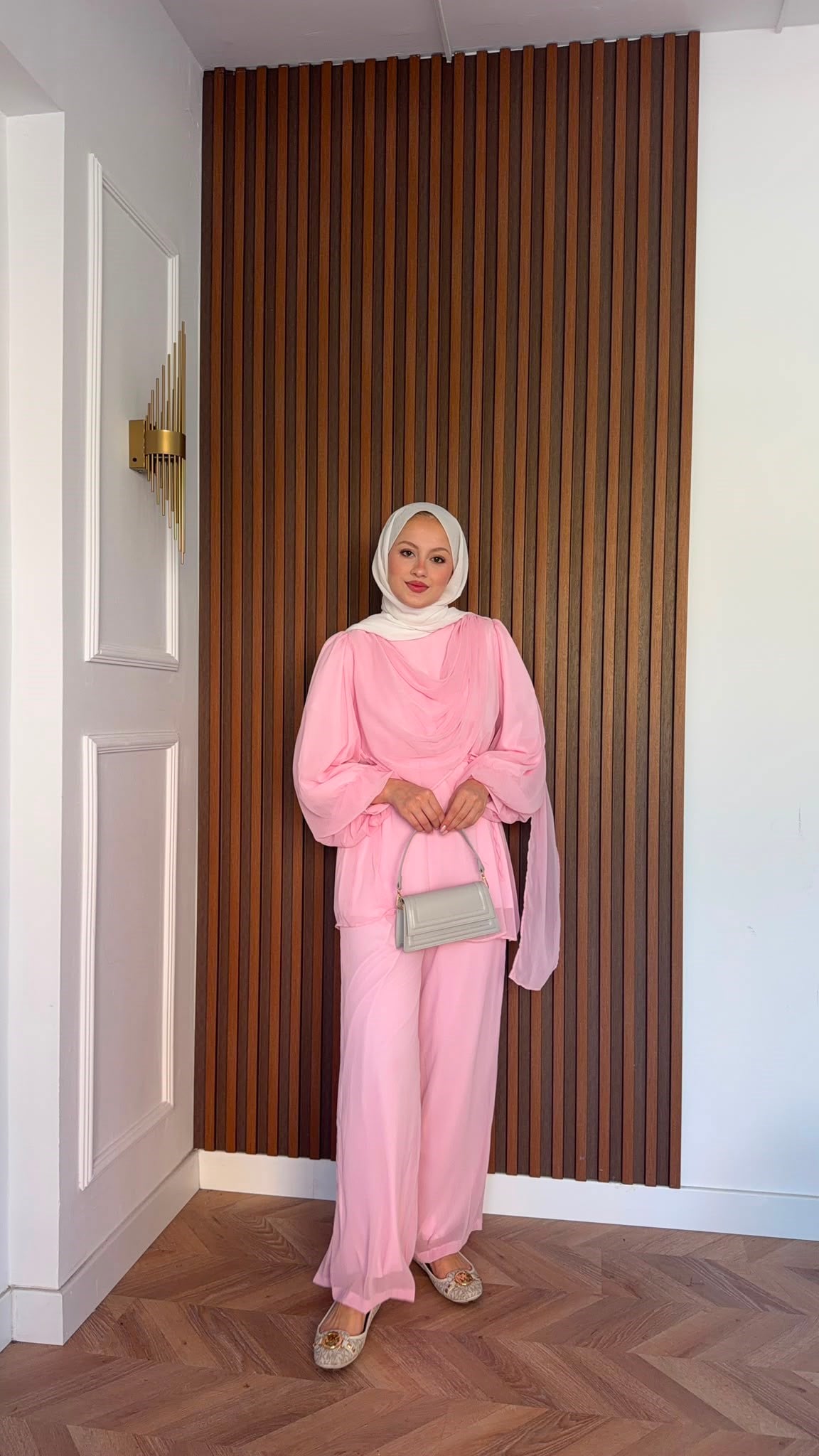 MEYSADESIGN PANTOLON TAKIM Drape Detaylı Şifon Takım Pudra