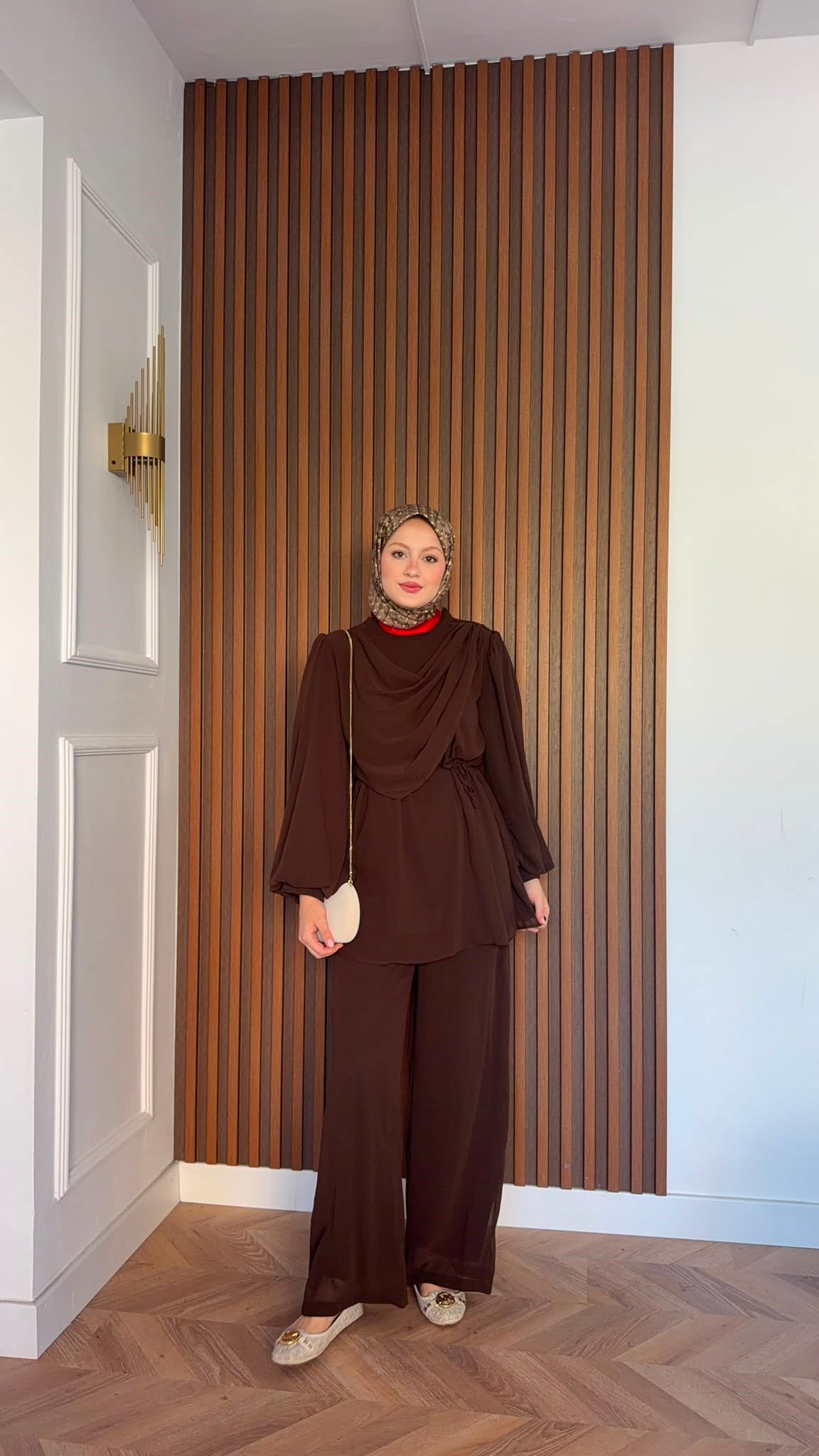 MEYSADESIGN PANTOLON TAKIM Drape Detaylı Şifon Takım Acı Kahve