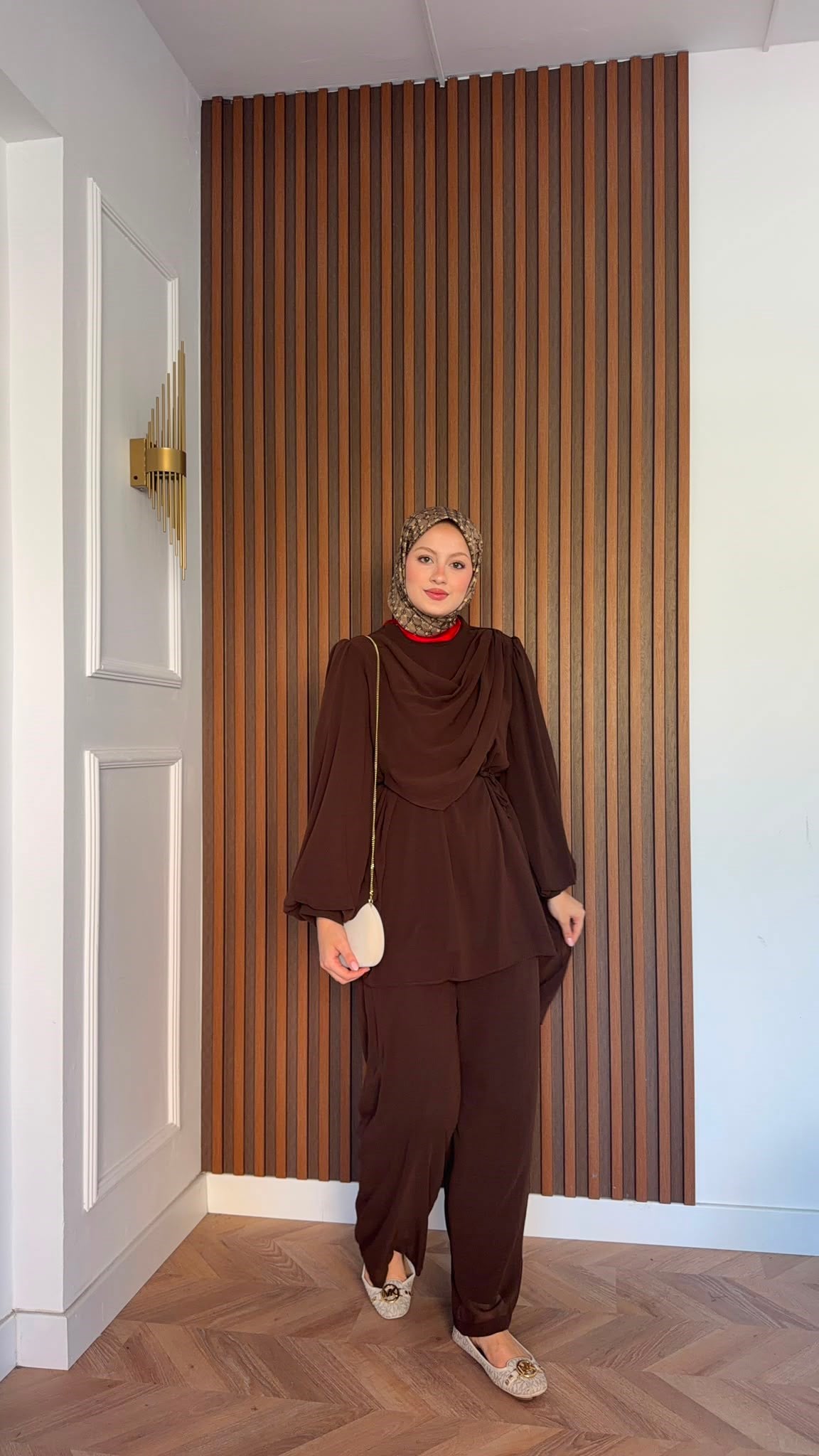MEYSADESIGN PANTOLON TAKIM Drape Detaylı Şifon Takım Acı Kahve