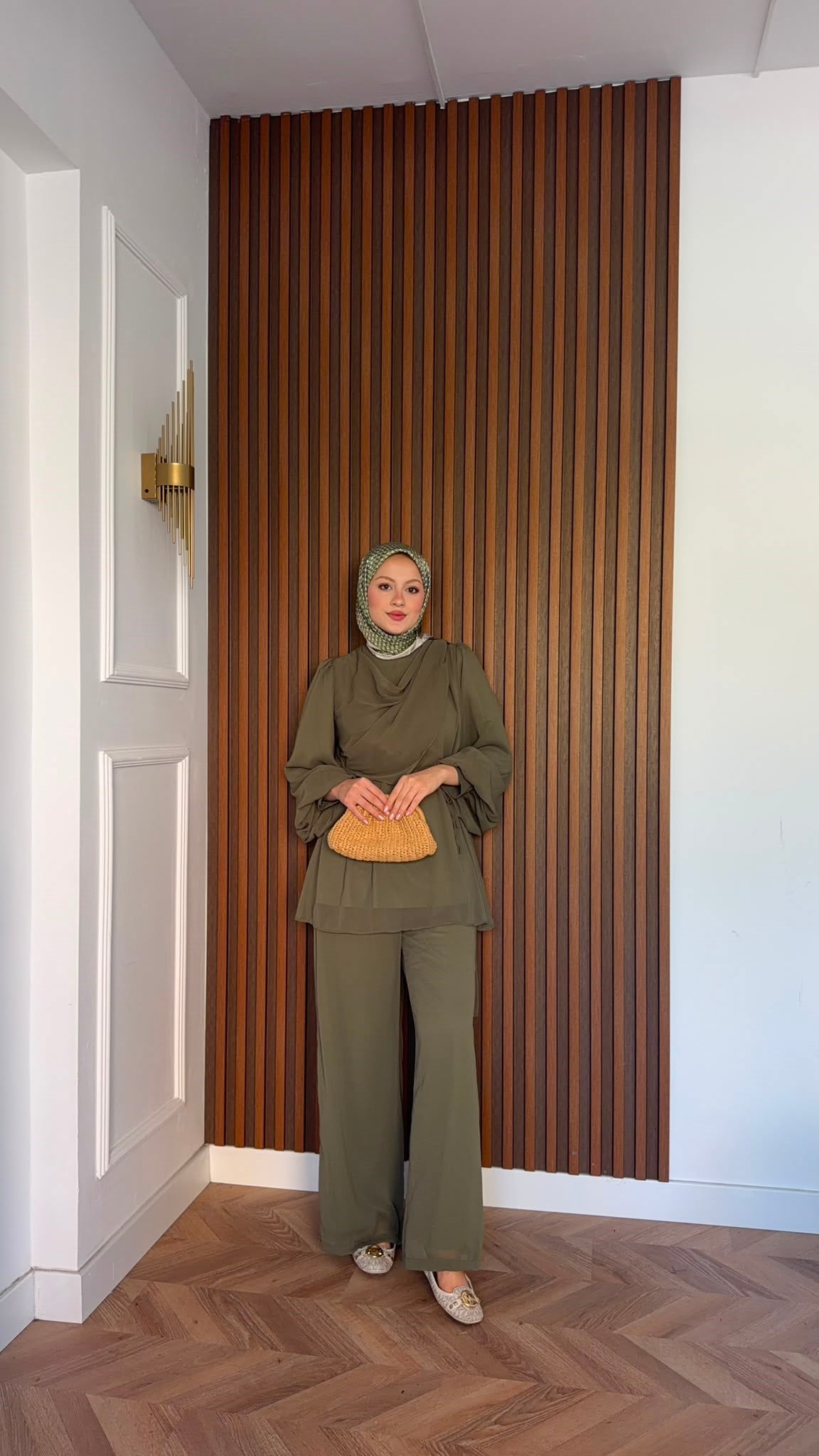 MEYSADESIGN PANTOLON TAKIM Drape Detaylı Şifon Takım Haki