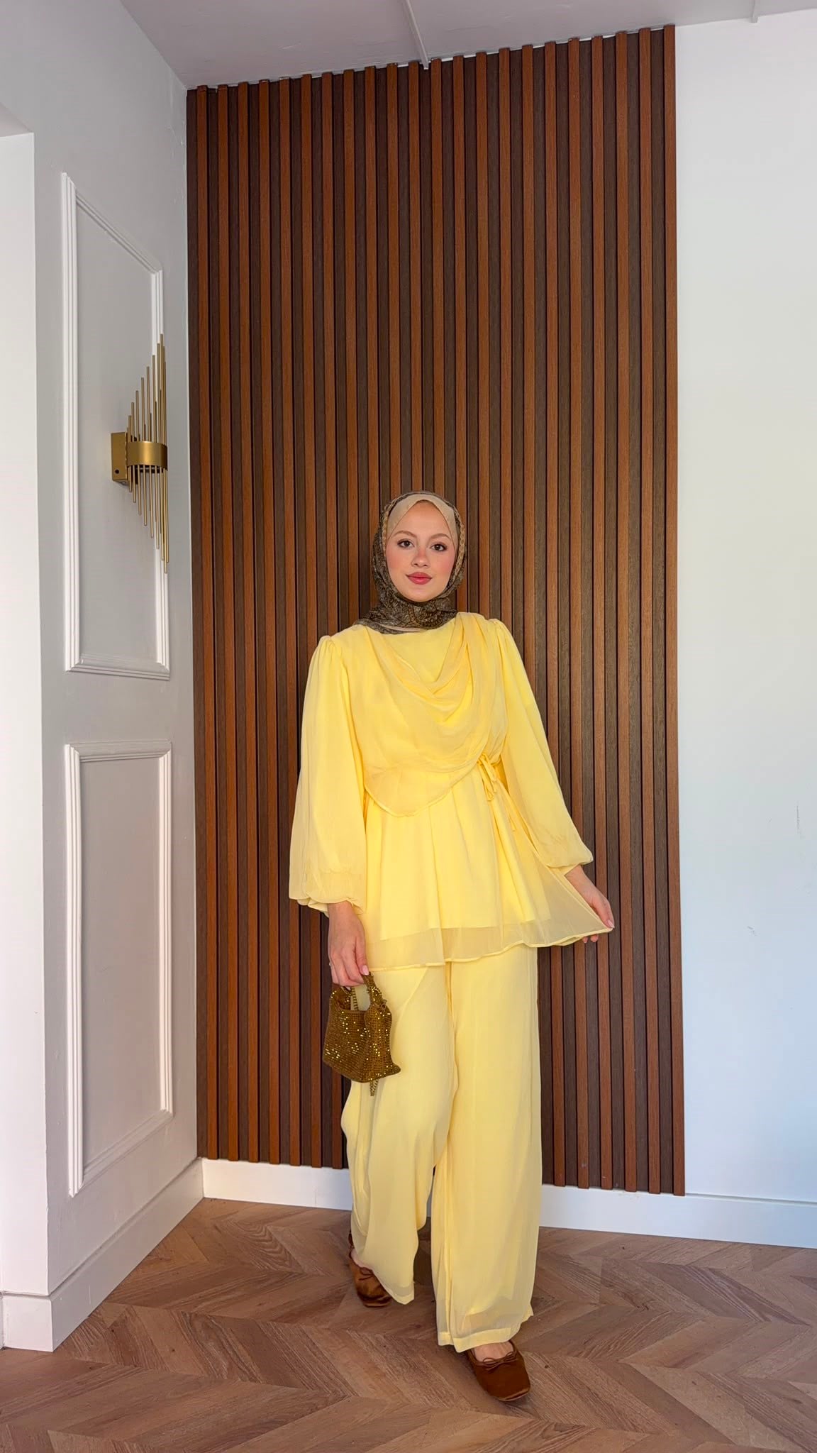MEYSADESIGN PANTOLON TAKIM Drape Detaylı Şifon Takım Sarı