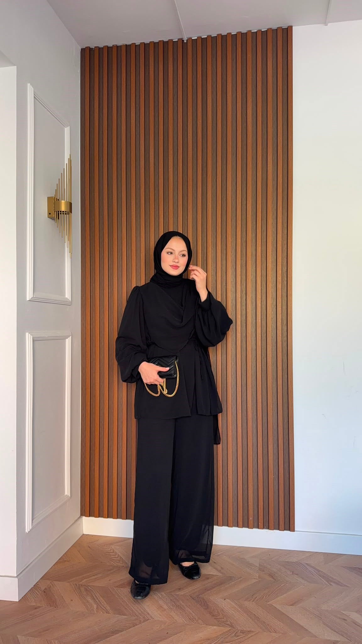 MEYSADESIGN PANTOLON TAKIM Drape Detaylı Şifon Takım Siyah