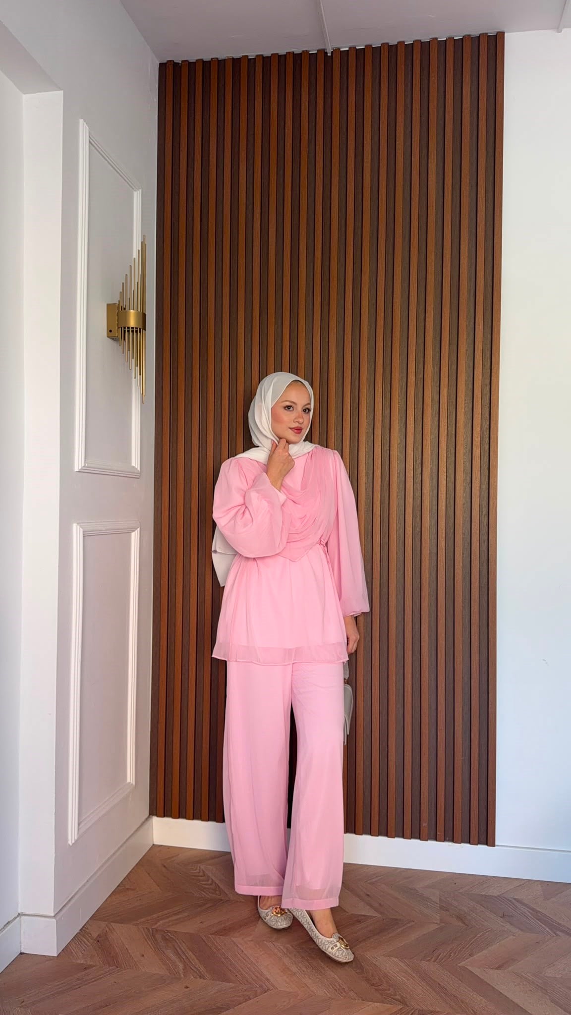 MEYSADESIGN PANTOLON TAKIM Drape Detaylı Şifon Takım Pudra