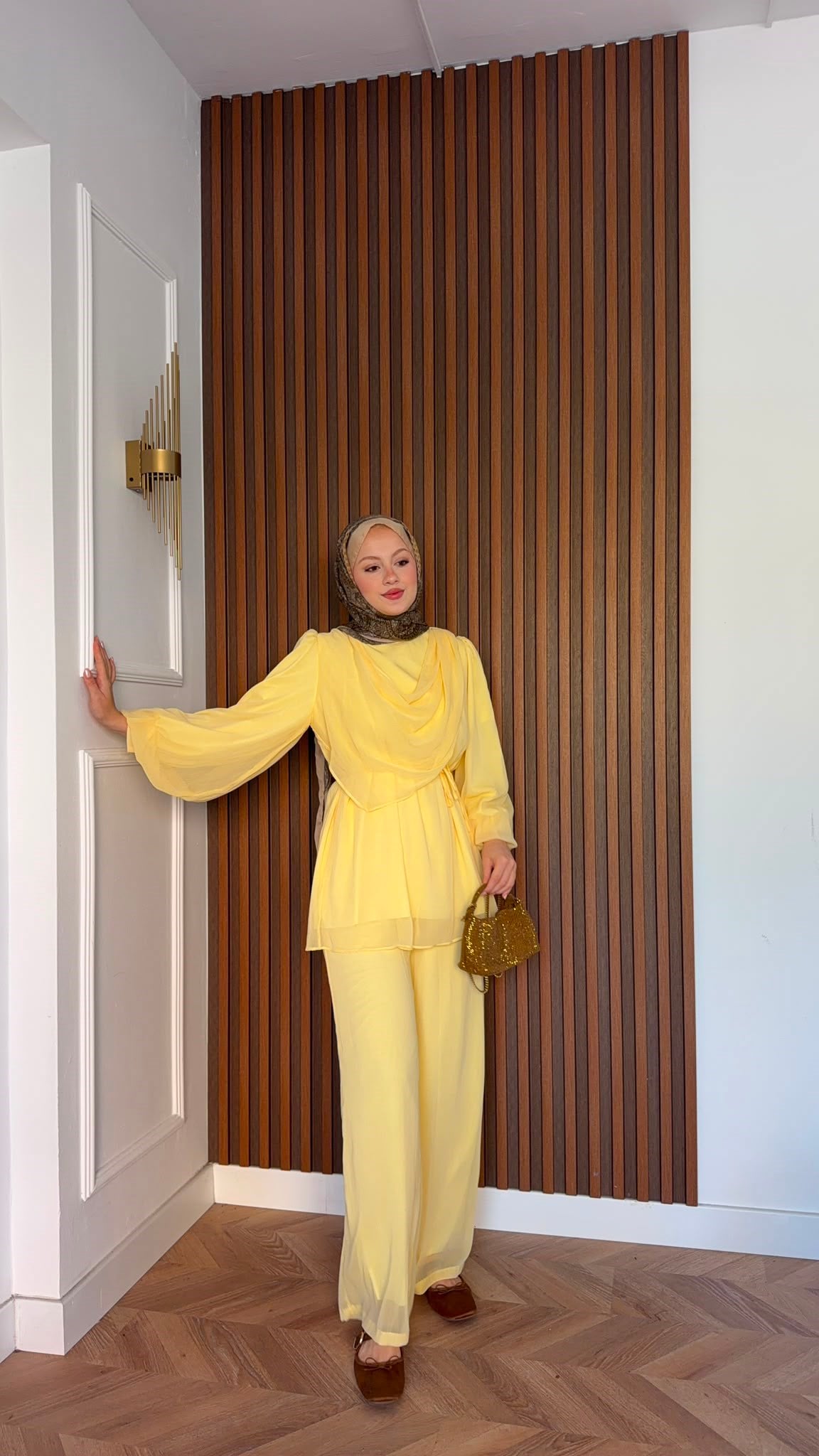 MEYSADESIGN PANTOLON TAKIM Drape Detaylı Şifon Takım Sarı