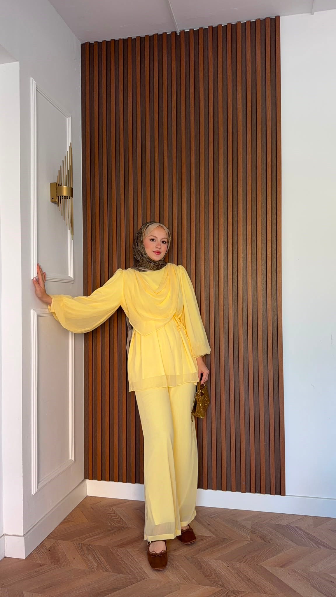 MEYSADESIGN PANTOLON TAKIM Drape Detaylı Şifon Takım Sarı