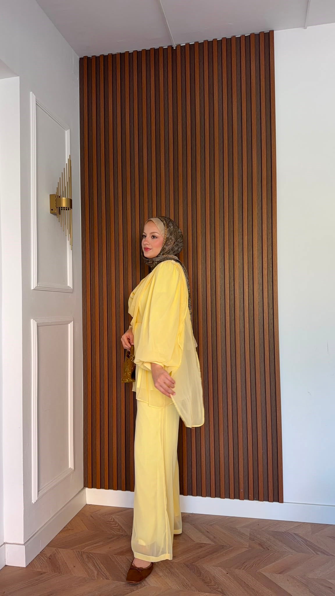 MEYSADESIGN PANTOLON TAKIM Drape Detaylı Şifon Takım Sarı