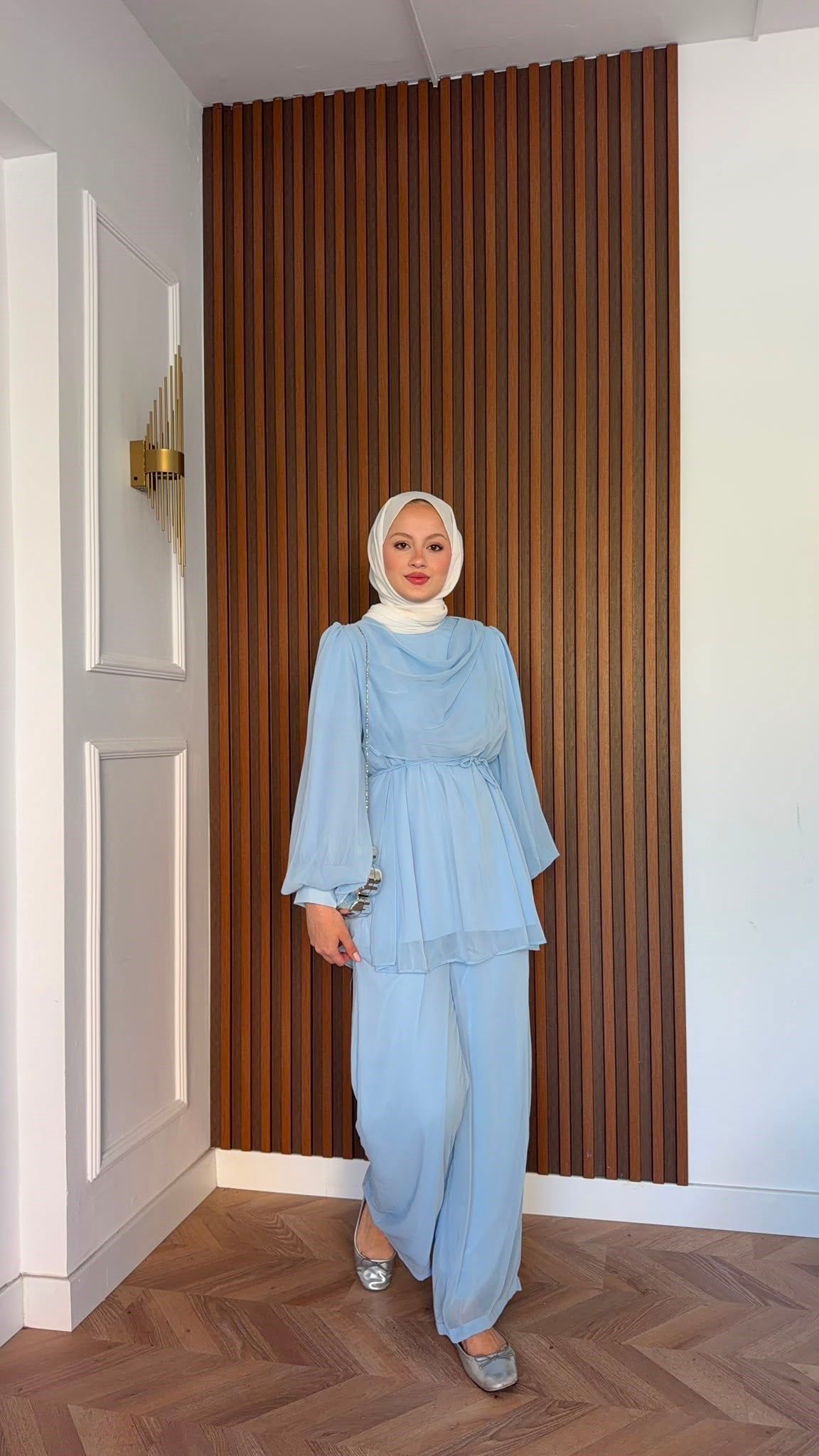 MEYSADESIGN PANTOLON TAKIM Drape Detaylı Şifon Takım Bebe Mavisi