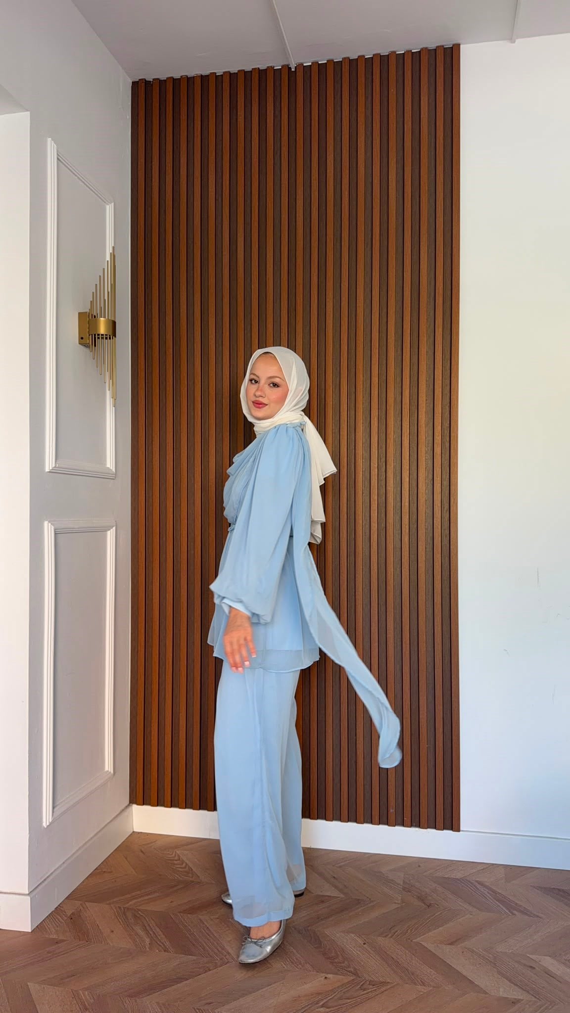 MEYSADESIGN PANTOLON TAKIM Drape Detaylı Şifon Takım Bebe Mavisi