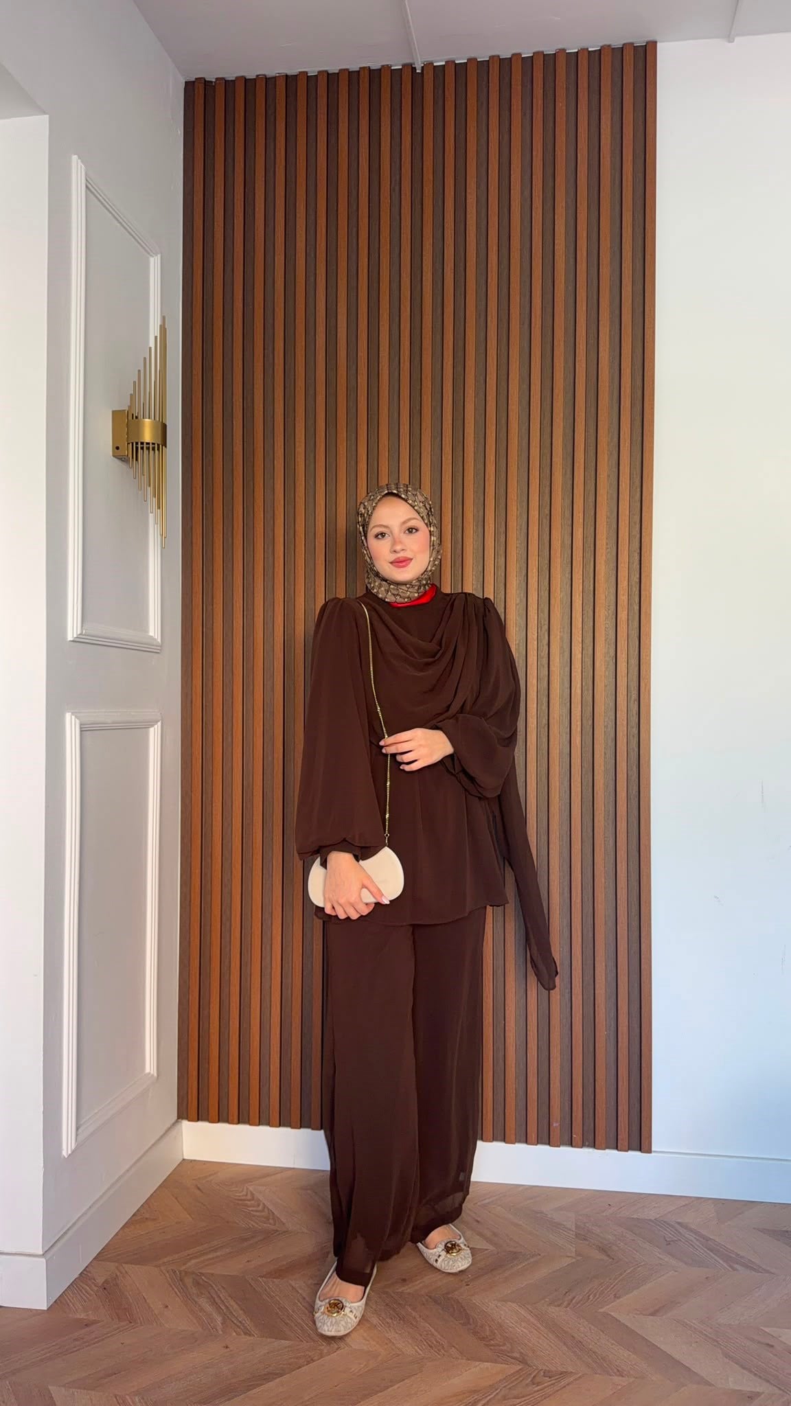MEYSADESIGN PANTOLON TAKIM Drape Detaylı Şifon Takım Acı Kahve
