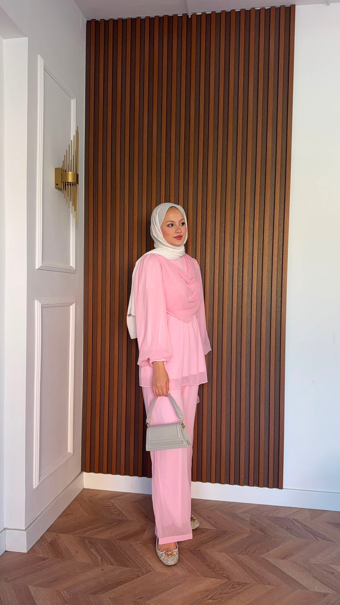 MEYSADESIGN PANTOLON TAKIM Drape Detaylı Şifon Takım Pudra