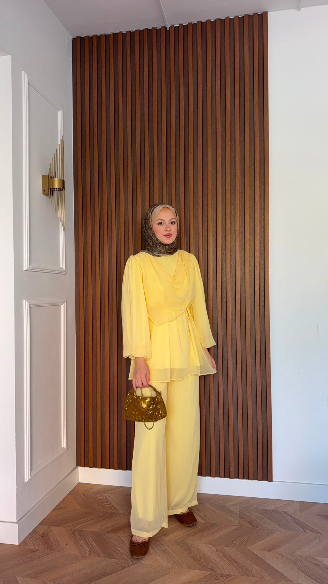 MEYSADESIGN PANTOLON TAKIM Drape Detaylı Şifon Takım Sarı