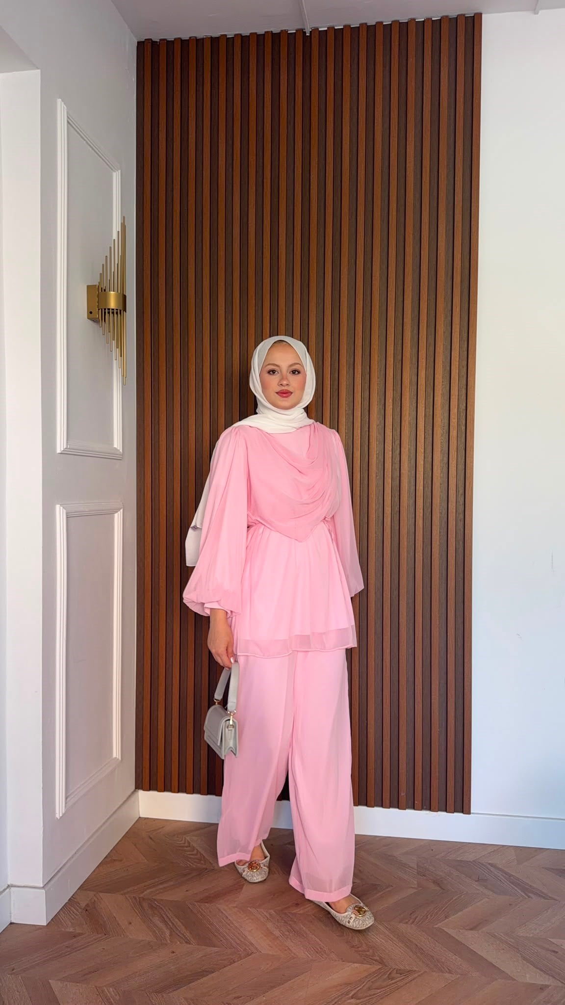MEYSADESIGN PANTOLON TAKIM Drape Detaylı Şifon Takım Pudra