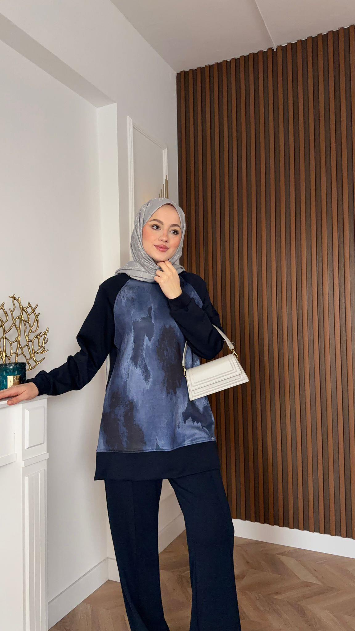 MEYSADESIGN PANTOLON TAKIM Efil Baskılı İkili Takım Lacivert