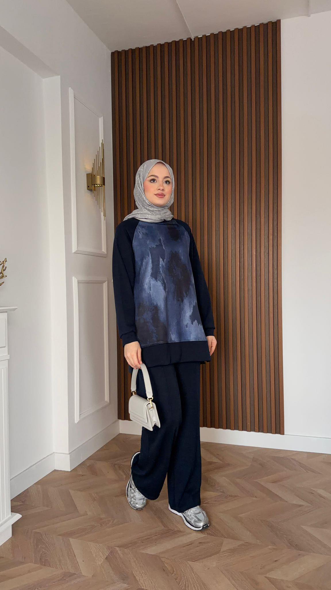 MEYSADESIGN PANTOLON TAKIM Efil Baskılı İkili Takım Lacivert