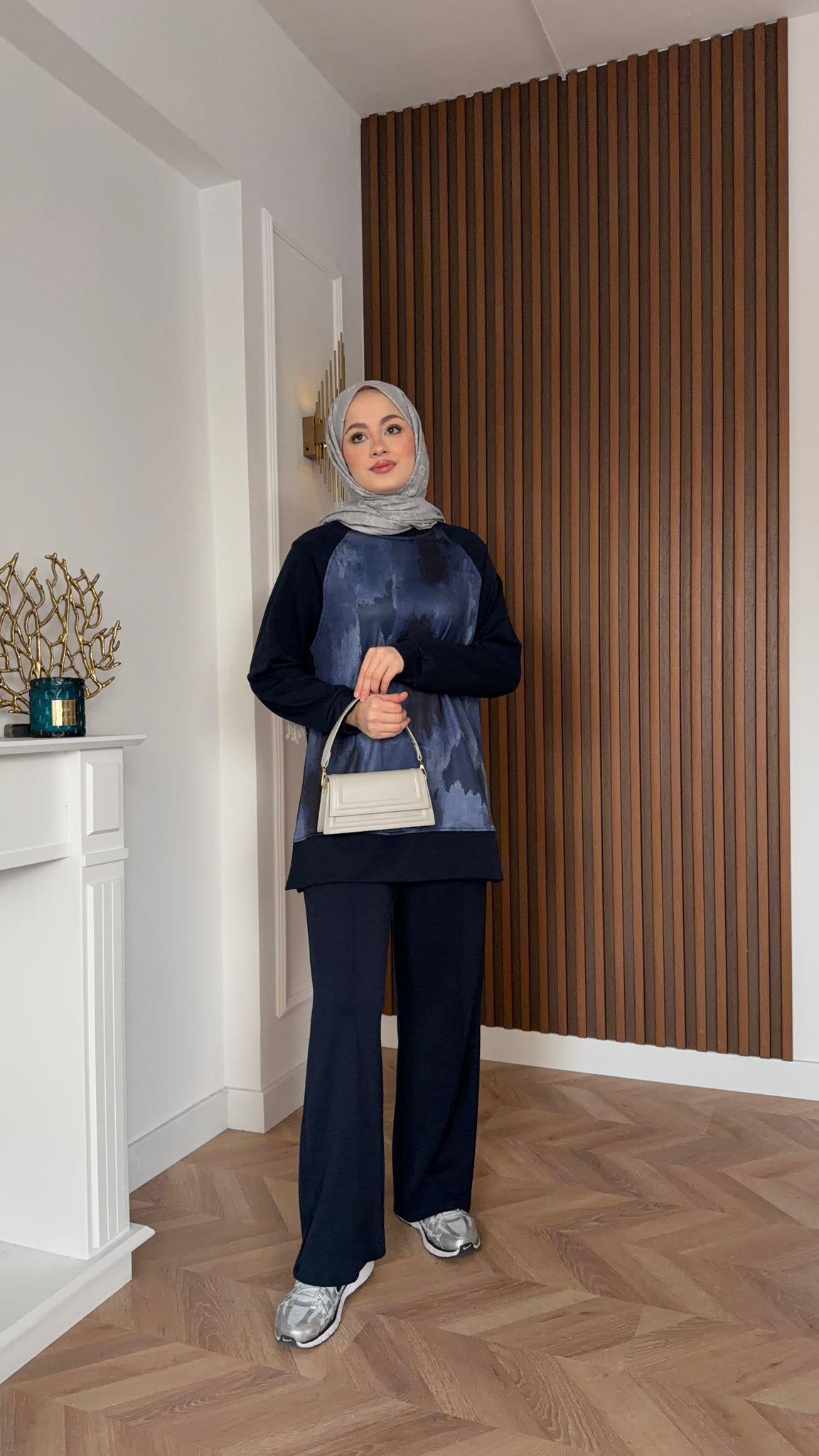MEYSADESIGN PANTOLON TAKIM Efil Baskılı İkili Takım Lacivert