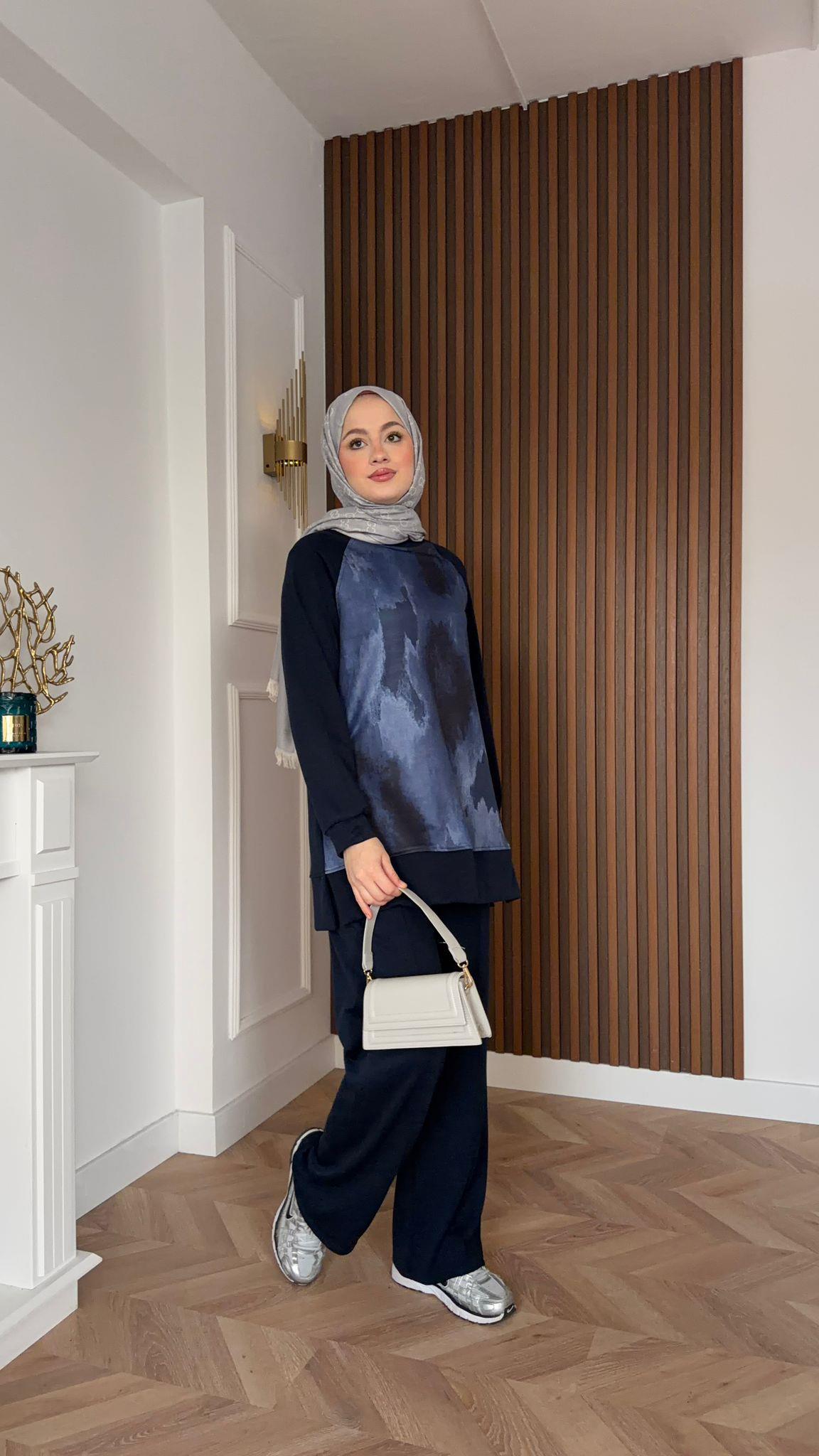 MEYSADESIGN PANTOLON TAKIM Efil Baskılı İkili Takım Lacivert
