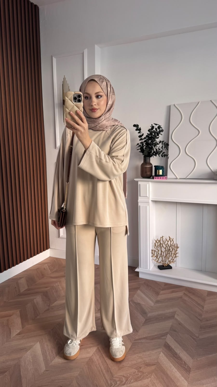 MEYSADESIGN PANTOLON TAKIM Efor Taşlı Pike İkili Takım Bej