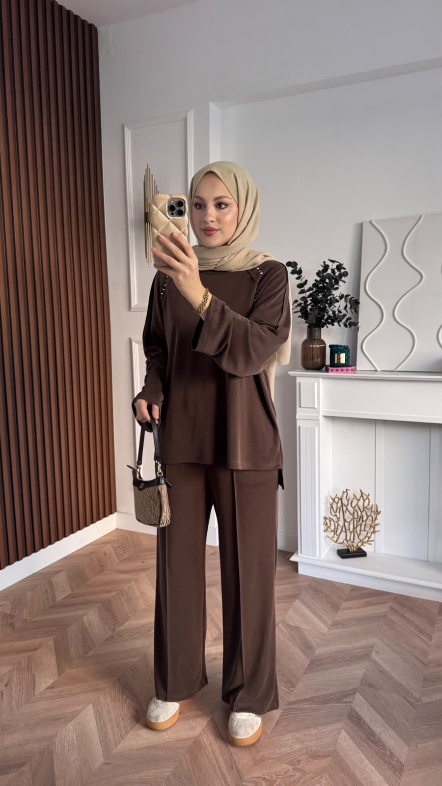 MEYSADESIGN PANTOLON TAKIM Efor Taşlı Pike İkili Takım Acı Kahve