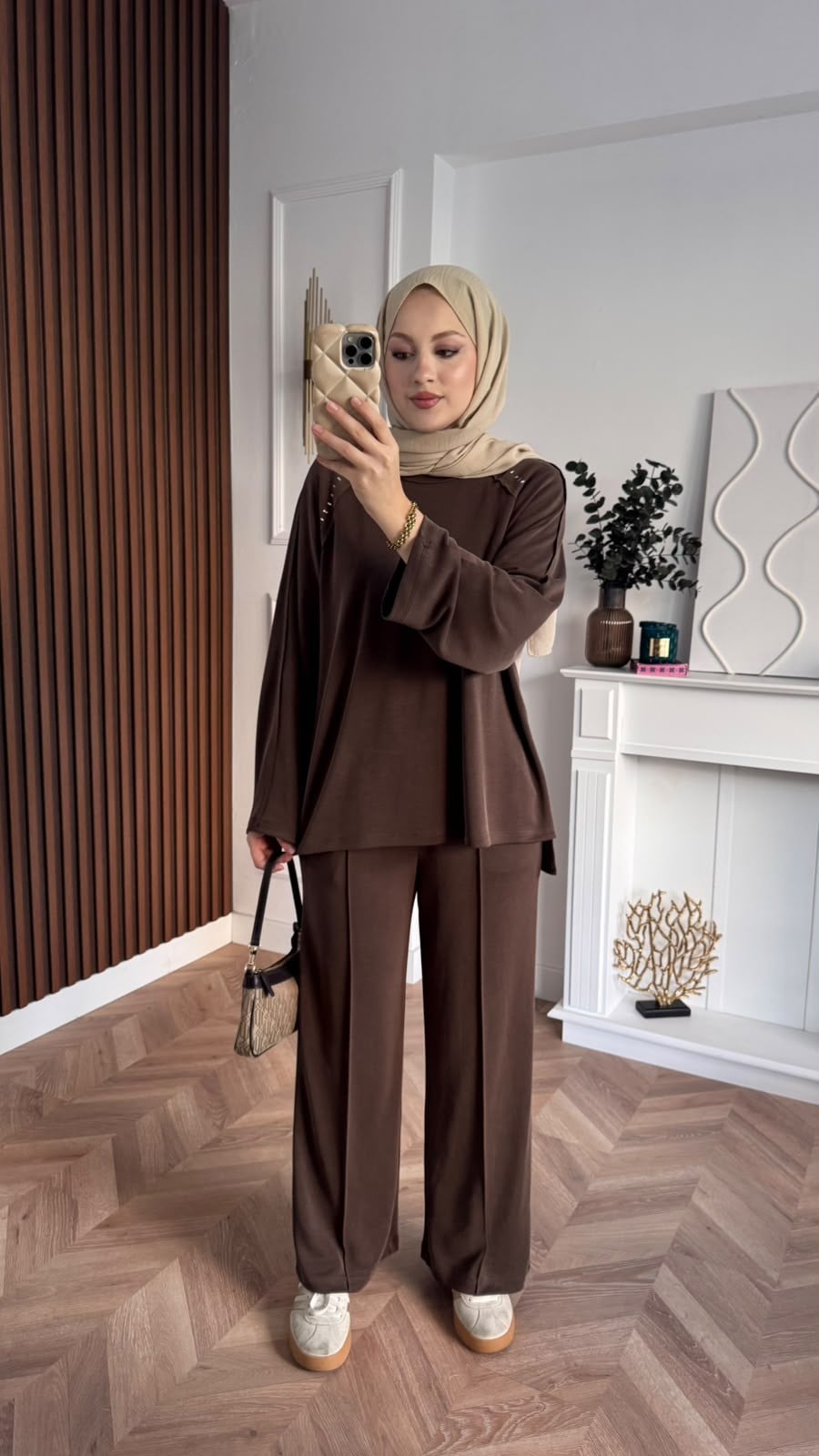 MEYSADESIGN PANTOLON TAKIM Efor Taşlı Pike İkili Takım Acı Kahve