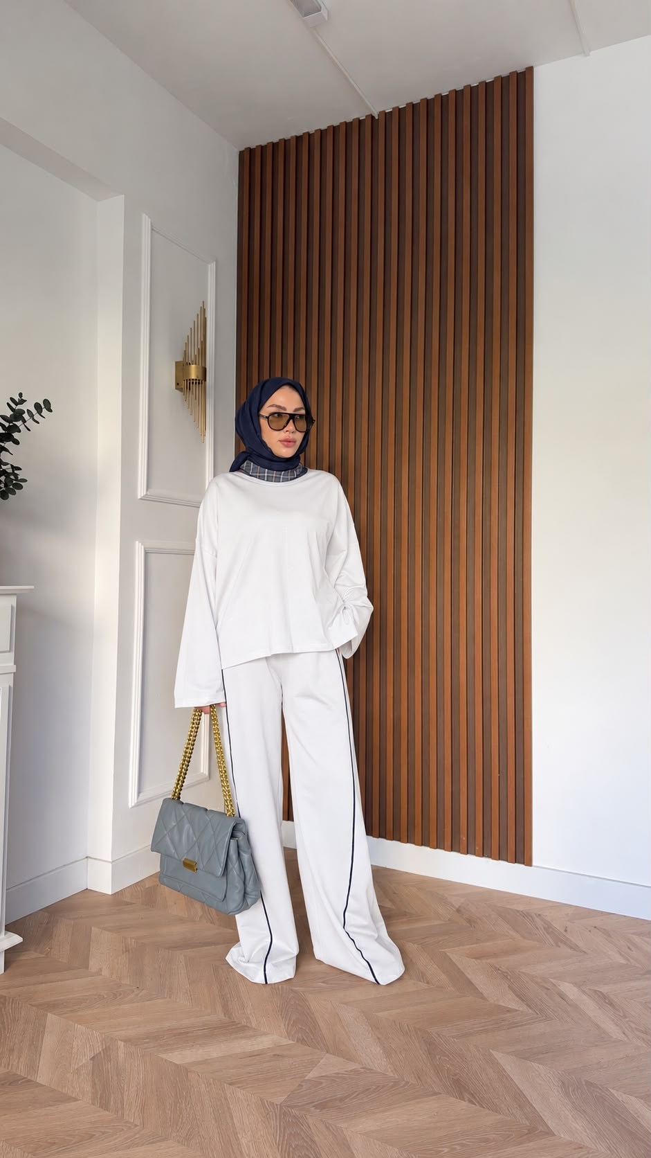 MEYSADESIGN PANTOLON TAKIM Ekose Detaylı İkili Takım Beyaz