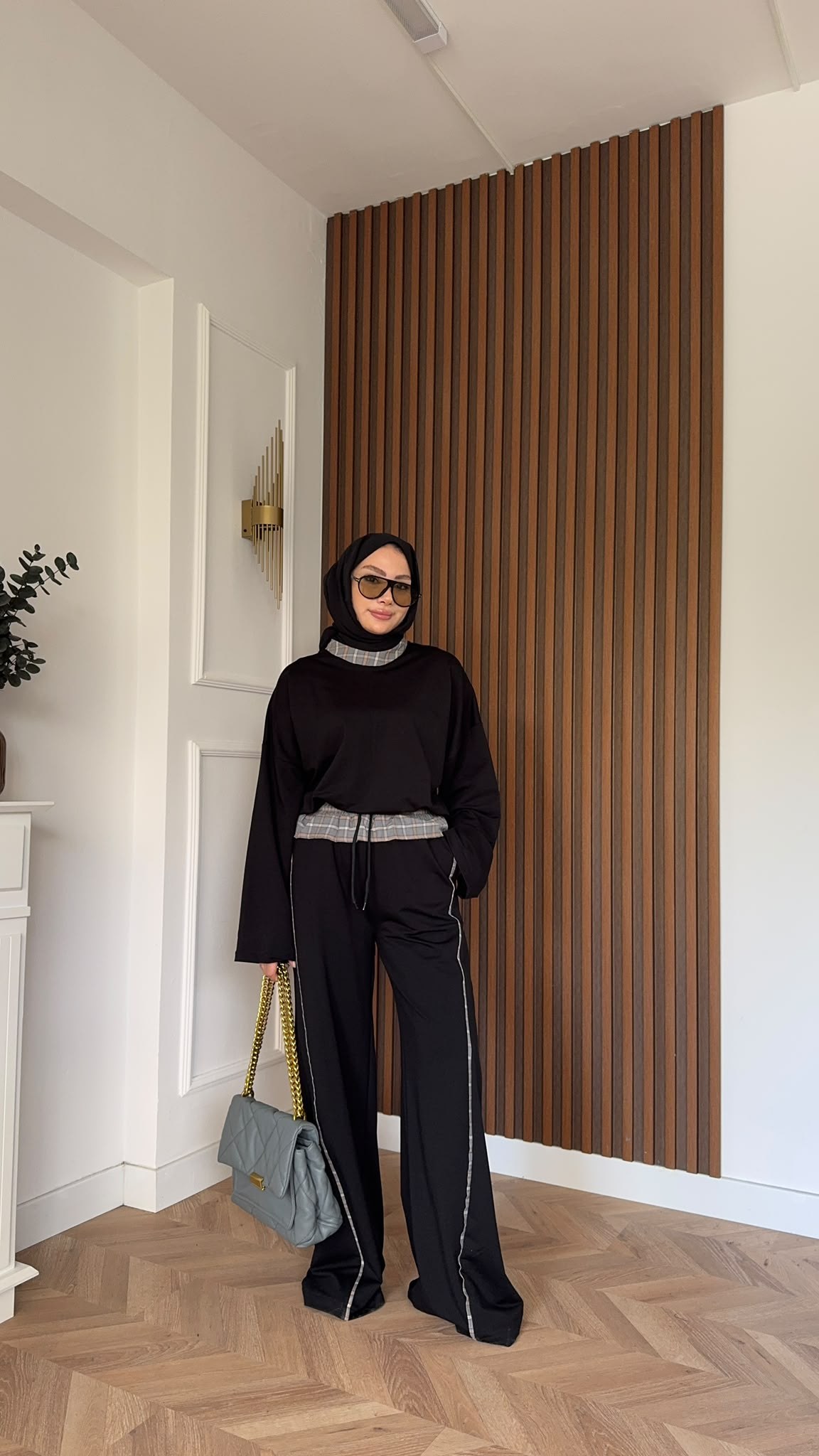 MEYSADESIGN PANTOLON TAKIM Ekose Detaylı İkili Takım Siyah