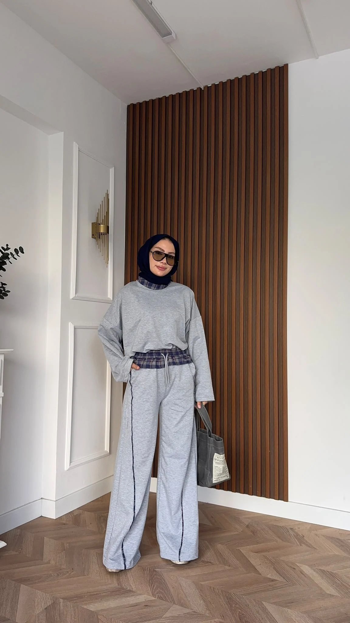 MEYSADESIGN PANTOLON TAKIM Ekose Detaylı İkili Takım Gri