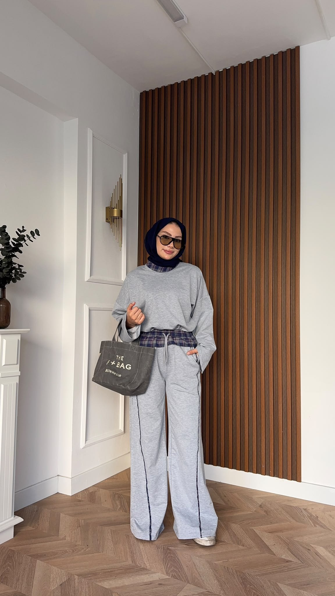 MEYSADESIGN PANTOLON TAKIM Ekose Detaylı İkili Takım Gri