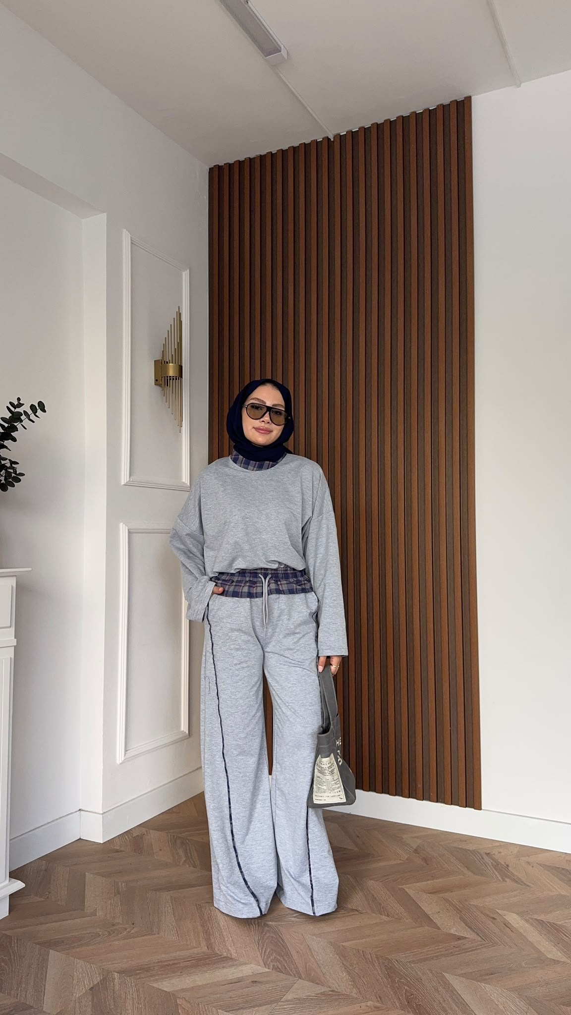 MEYSADESIGN PANTOLON TAKIM Ekose Detaylı İkili Takım Gri