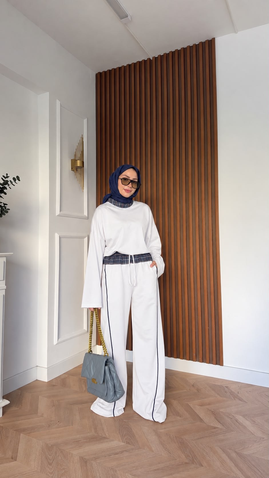 MEYSADESIGN PANTOLON TAKIM Ekose Detaylı İkili Takım Beyaz