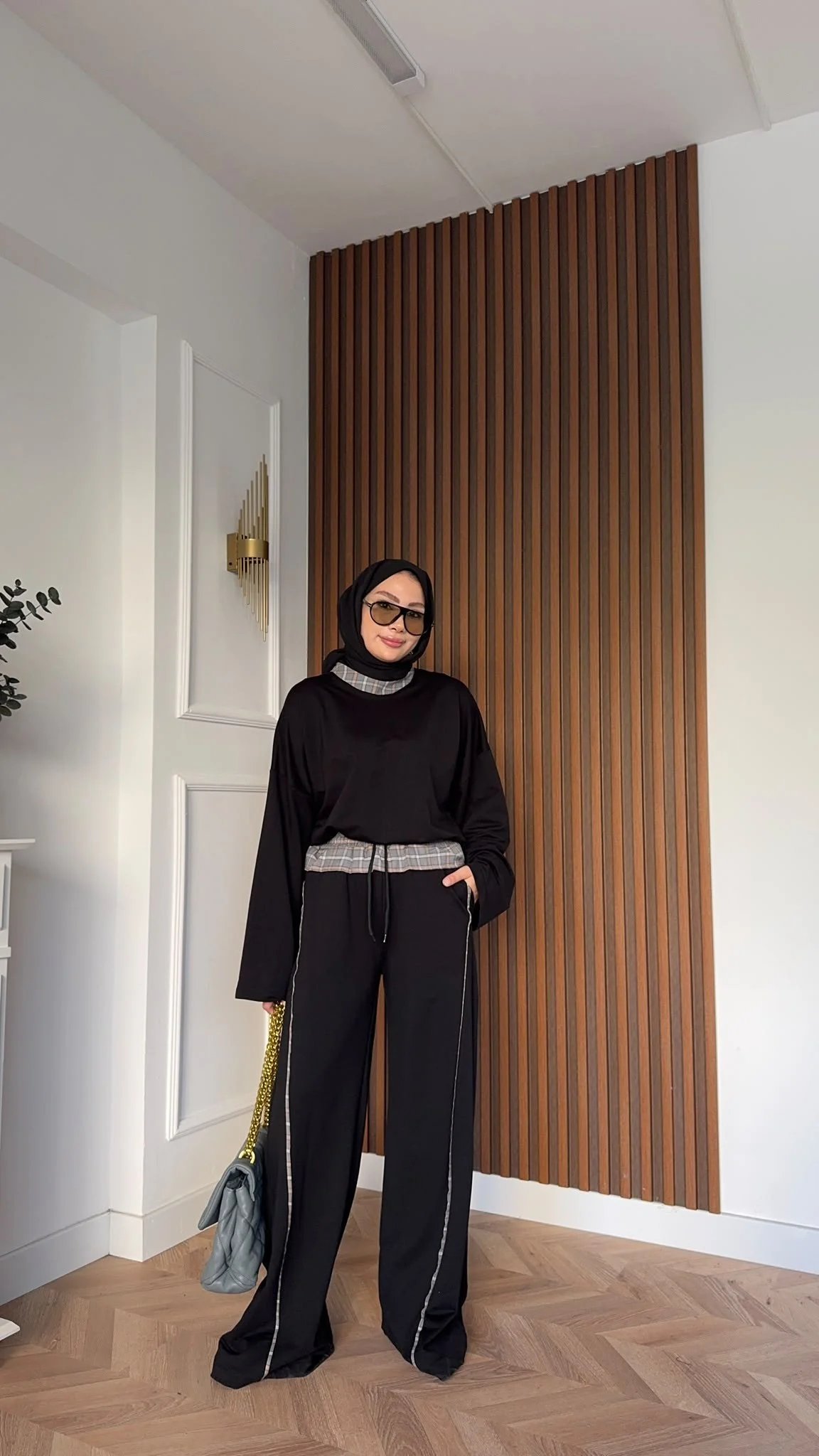MEYSADESIGN PANTOLON TAKIM Ekose Detaylı İkili Takım Siyah