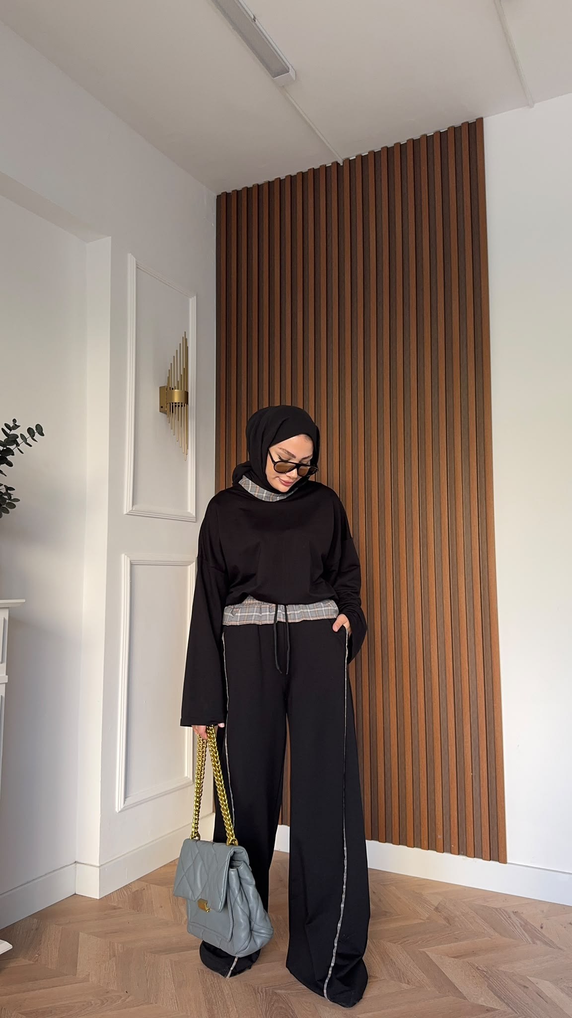 MEYSADESIGN PANTOLON TAKIM Ekose Detaylı İkili Takım Siyah