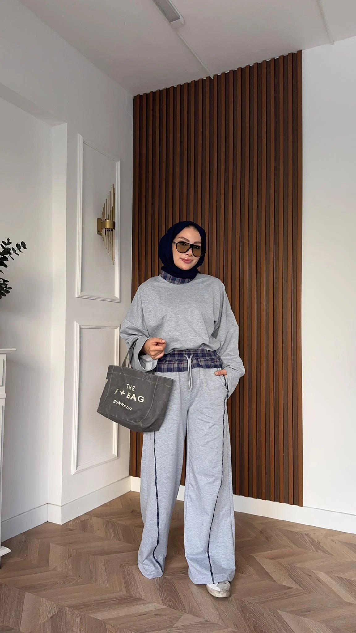 MEYSADESIGN PANTOLON TAKIM Ekose Detaylı İkili Takım Gri