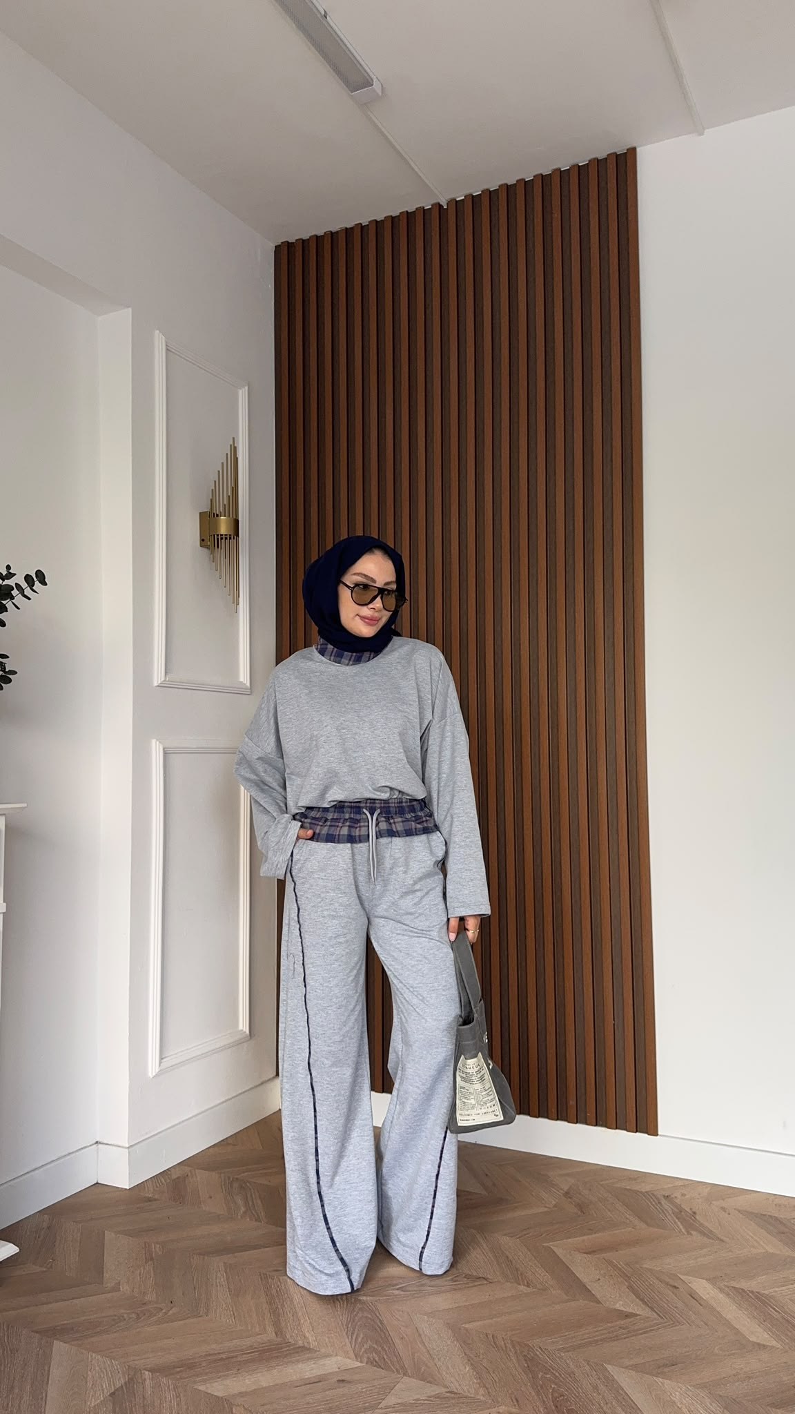MEYSADESIGN PANTOLON TAKIM Ekose Detaylı İkili Takım Gri