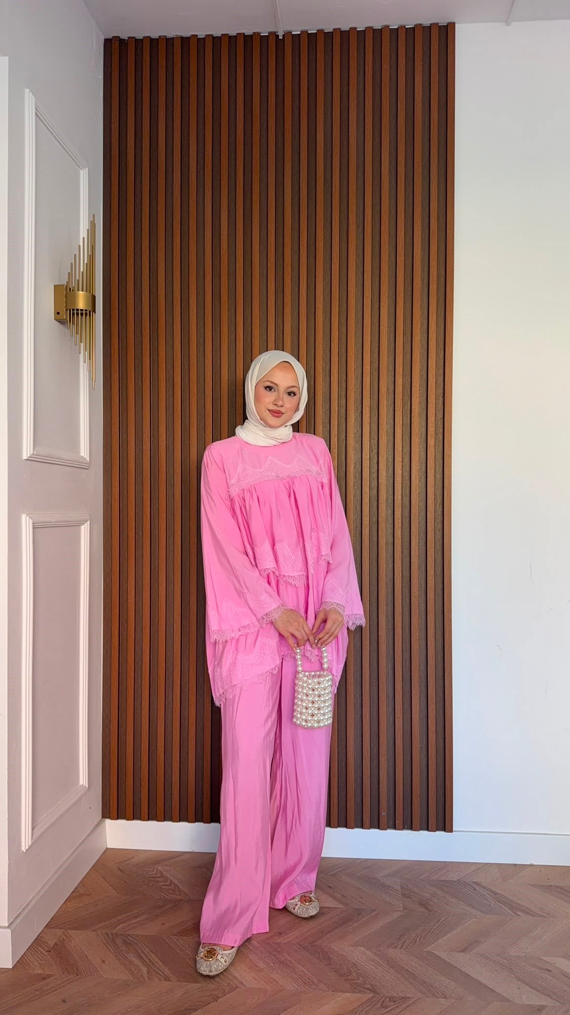 MEYSADESIGN PANTOLON TAKIM Elora Dantelli Tensel Takım Pembe