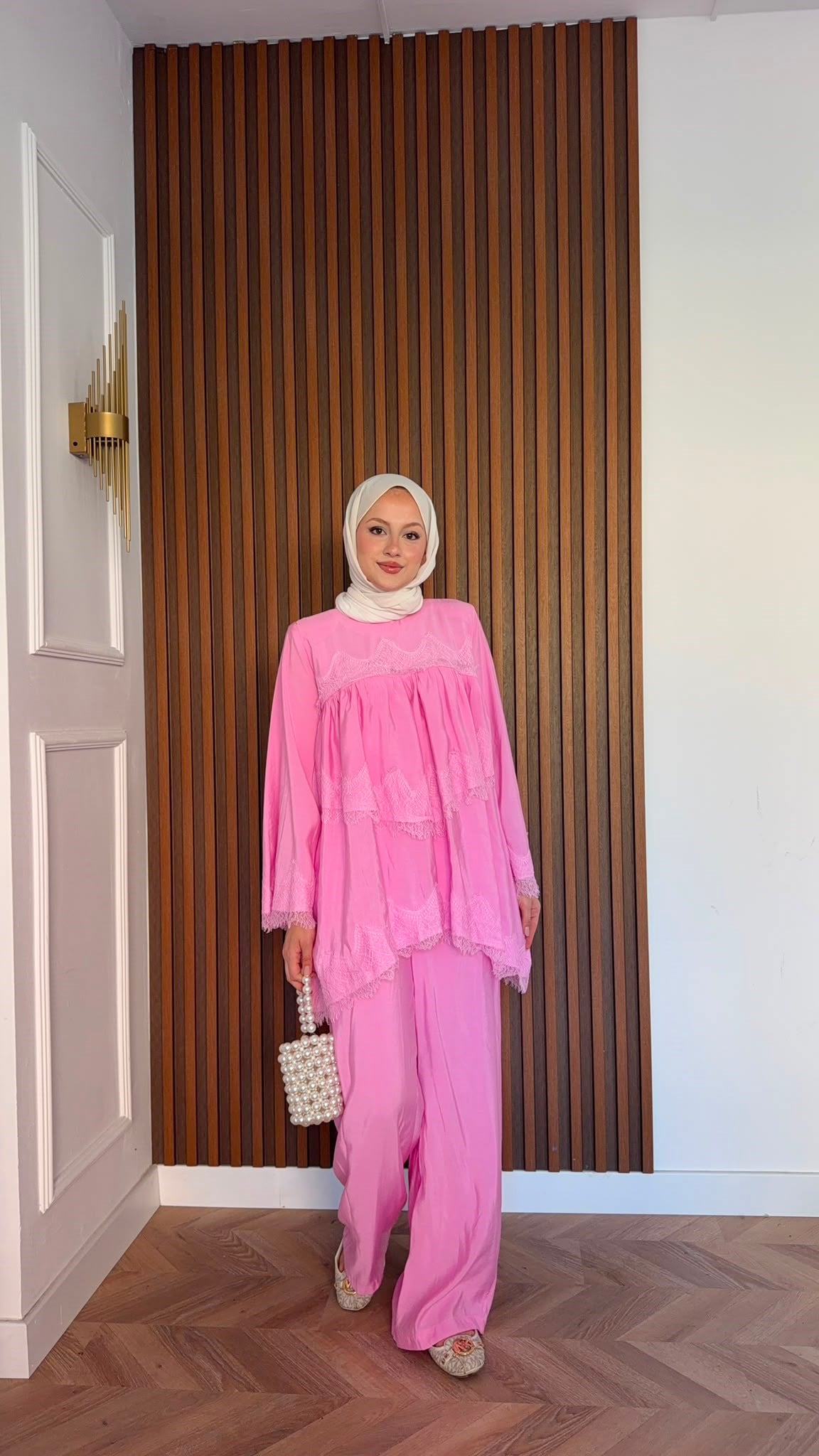 MEYSADESIGN PANTOLON TAKIM Elora Dantelli Tensel Takım Pembe