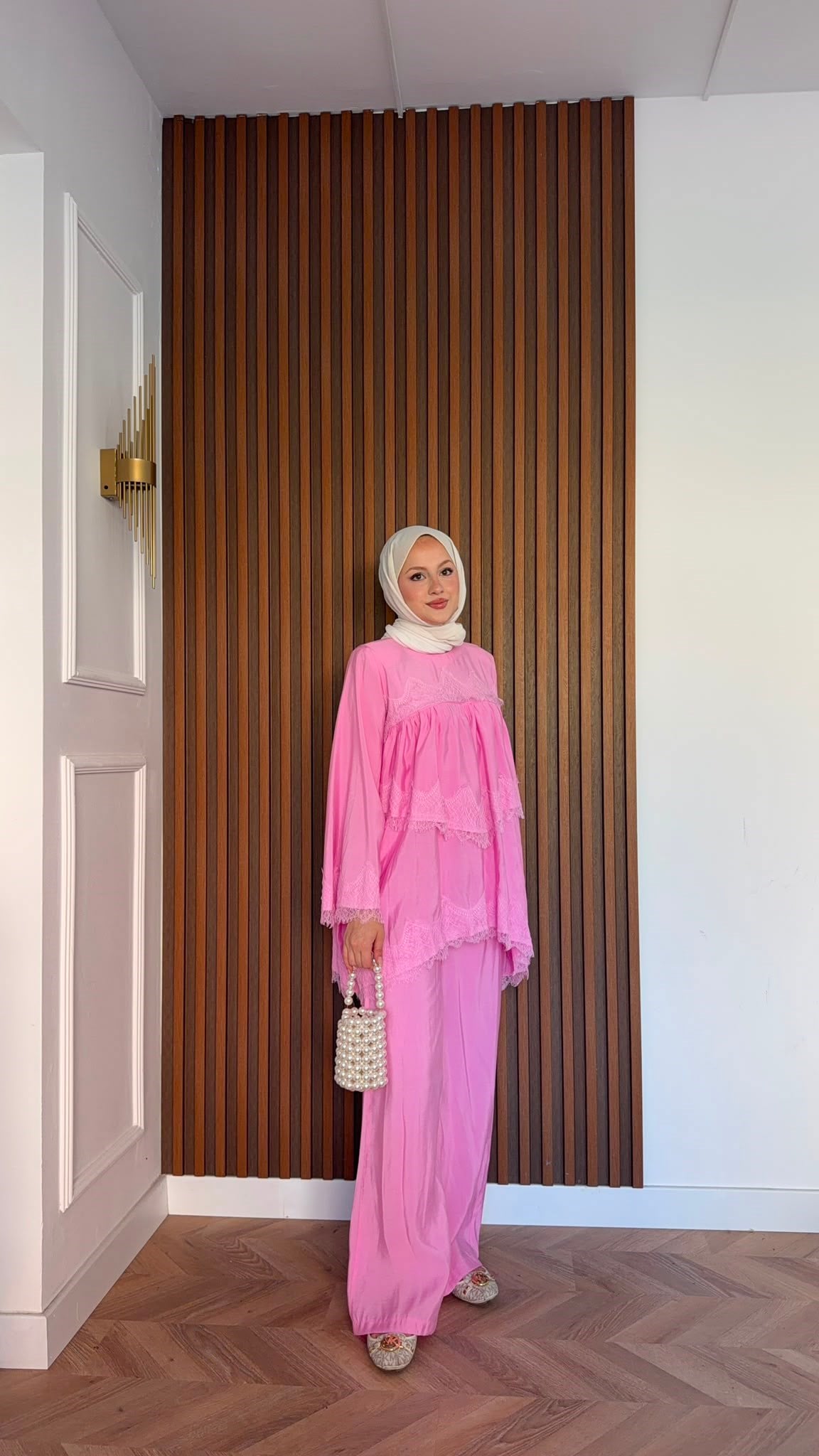 MEYSADESIGN PANTOLON TAKIM Elora Dantelli Tensel Takım Pembe