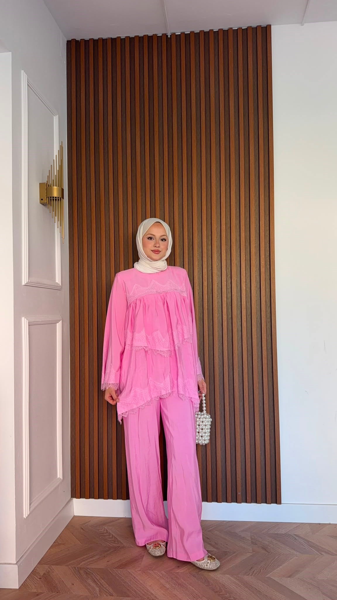 MEYSADESIGN PANTOLON TAKIM Elora Dantelli Tensel Takım Pembe