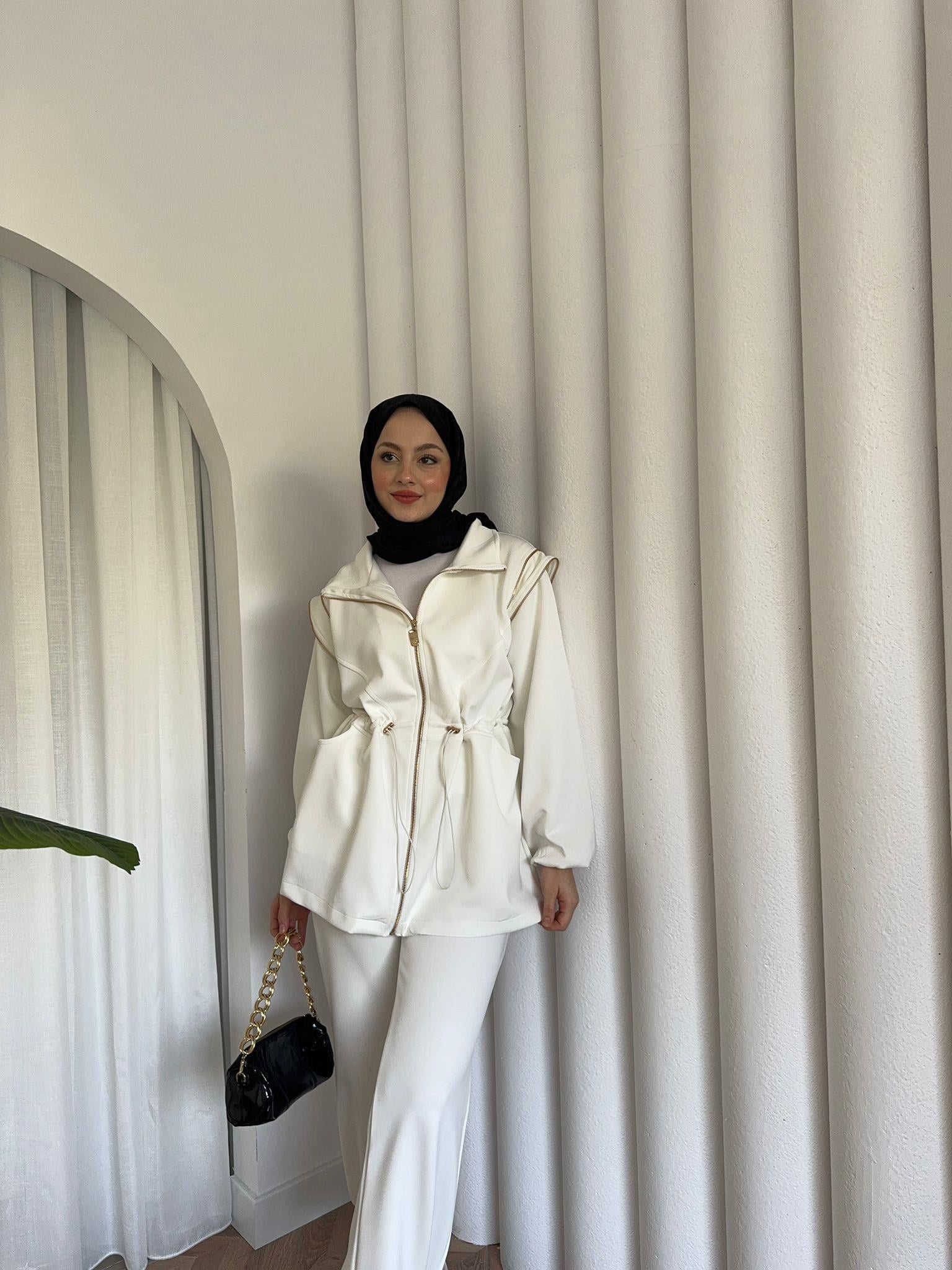 MEYSADESIGN PANTOLON TAKIM Fermuar Detaylı Scuba İkili Takım Beyaz